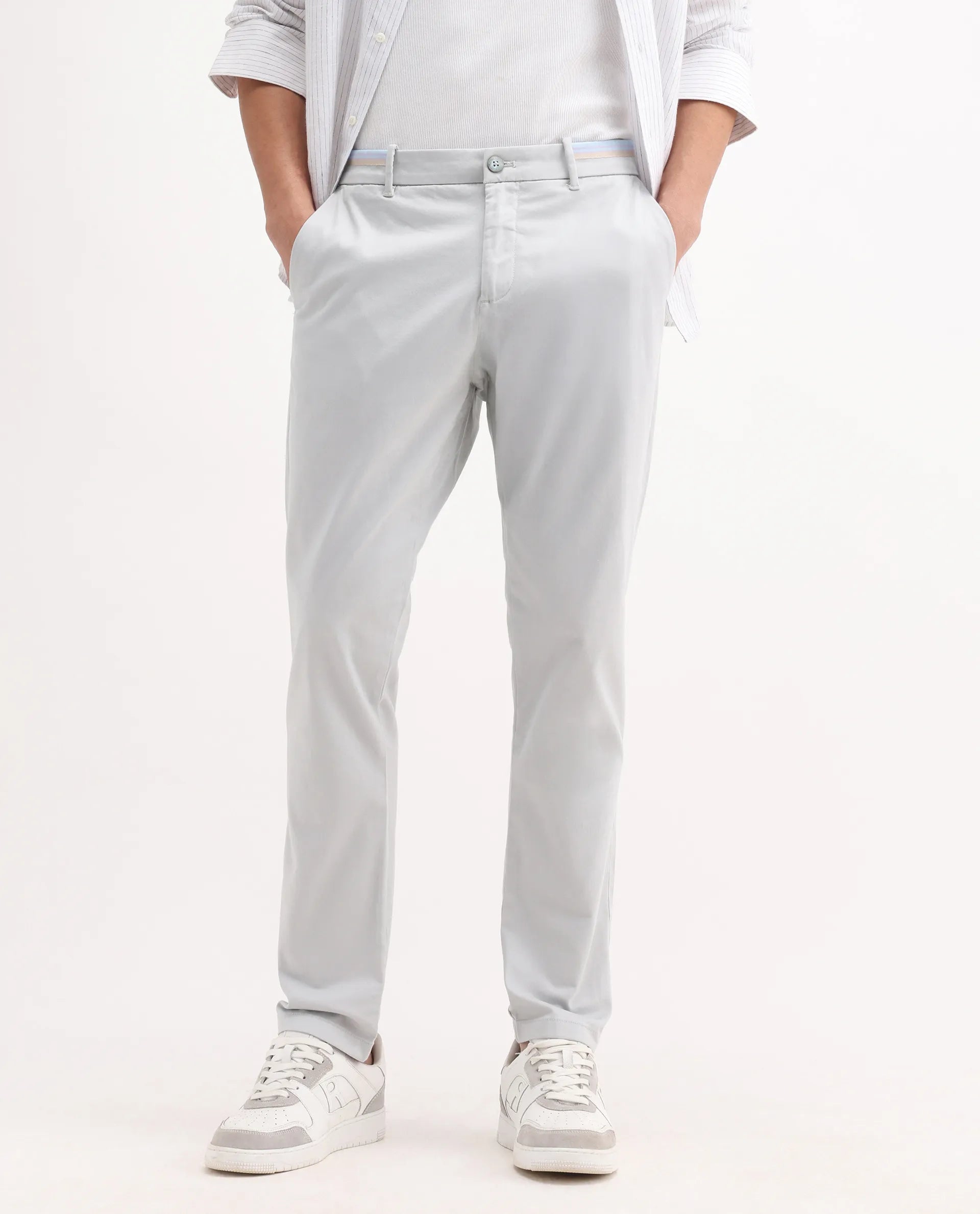 Rare Rabbit Men's Trello Light Grey Cotton Blend Plain Regular Fit Trouser