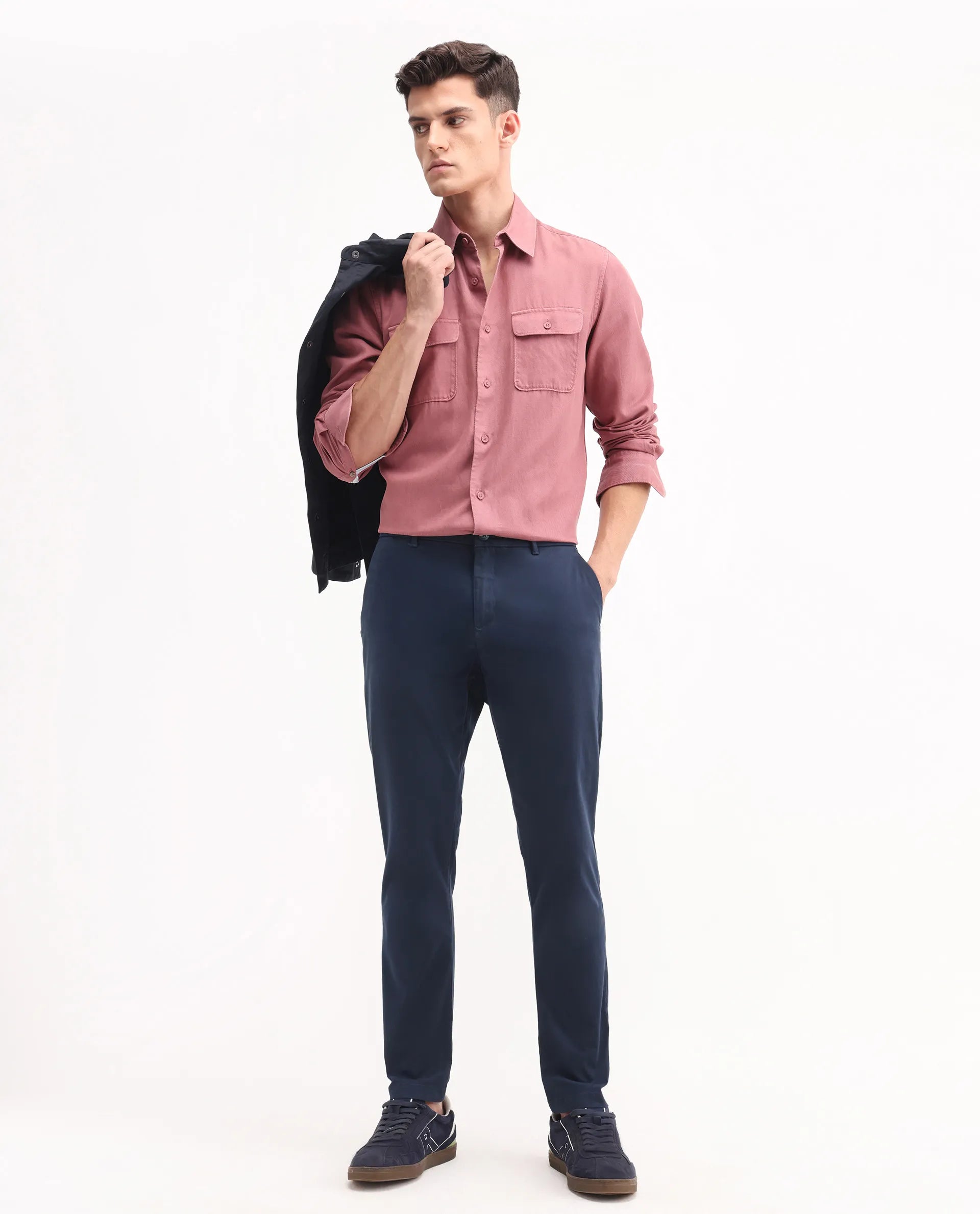 Rare Rabbit Men's Trello Navy Cotton Blend Plain Regular Fit Trouser