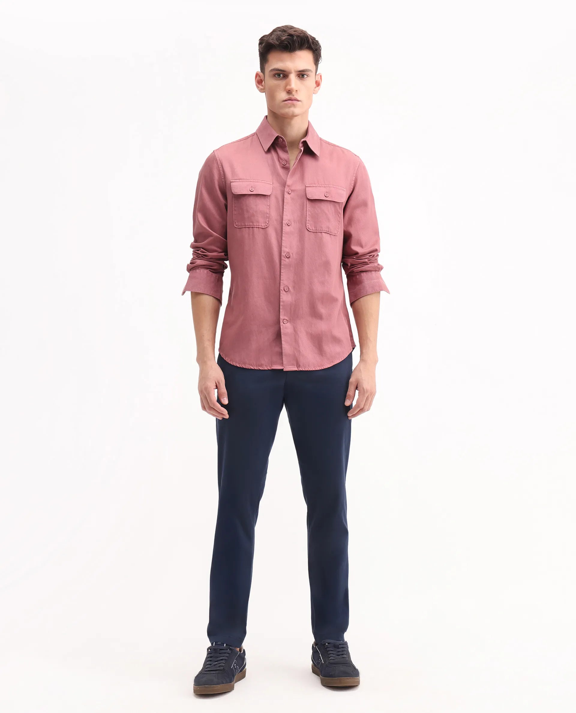 Rare Rabbit Men's Trello Navy Cotton Blend Plain Regular Fit Trouser