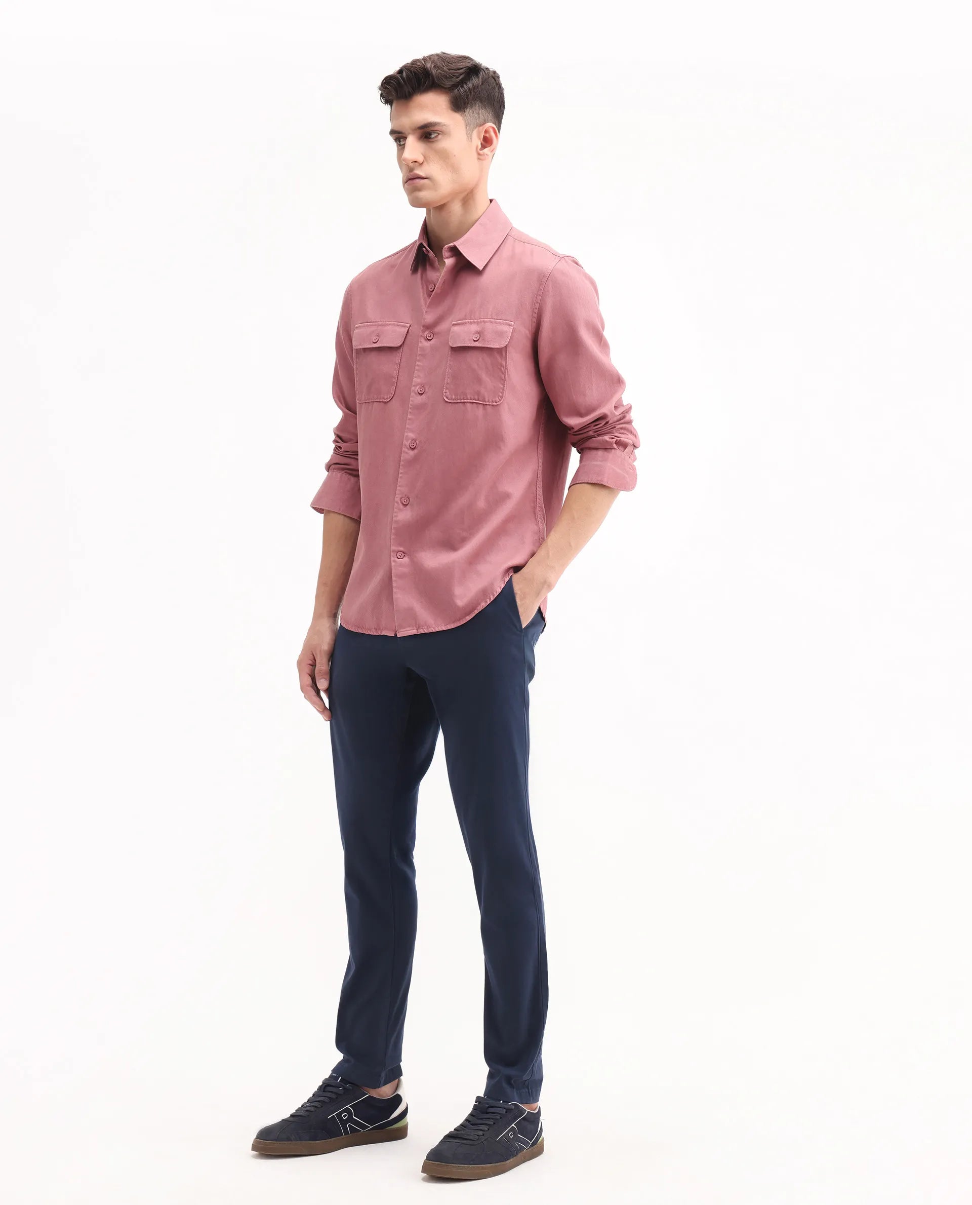 Rare Rabbit Men's Trello Navy Cotton Blend Plain Regular Fit Trouser