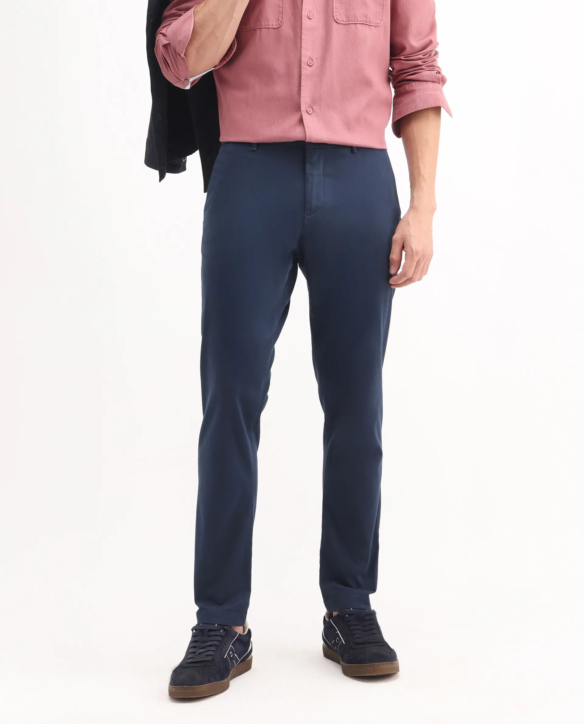 Rare Rabbit Men's Trello Navy Cotton Blend Plain Regular Fit Trouser