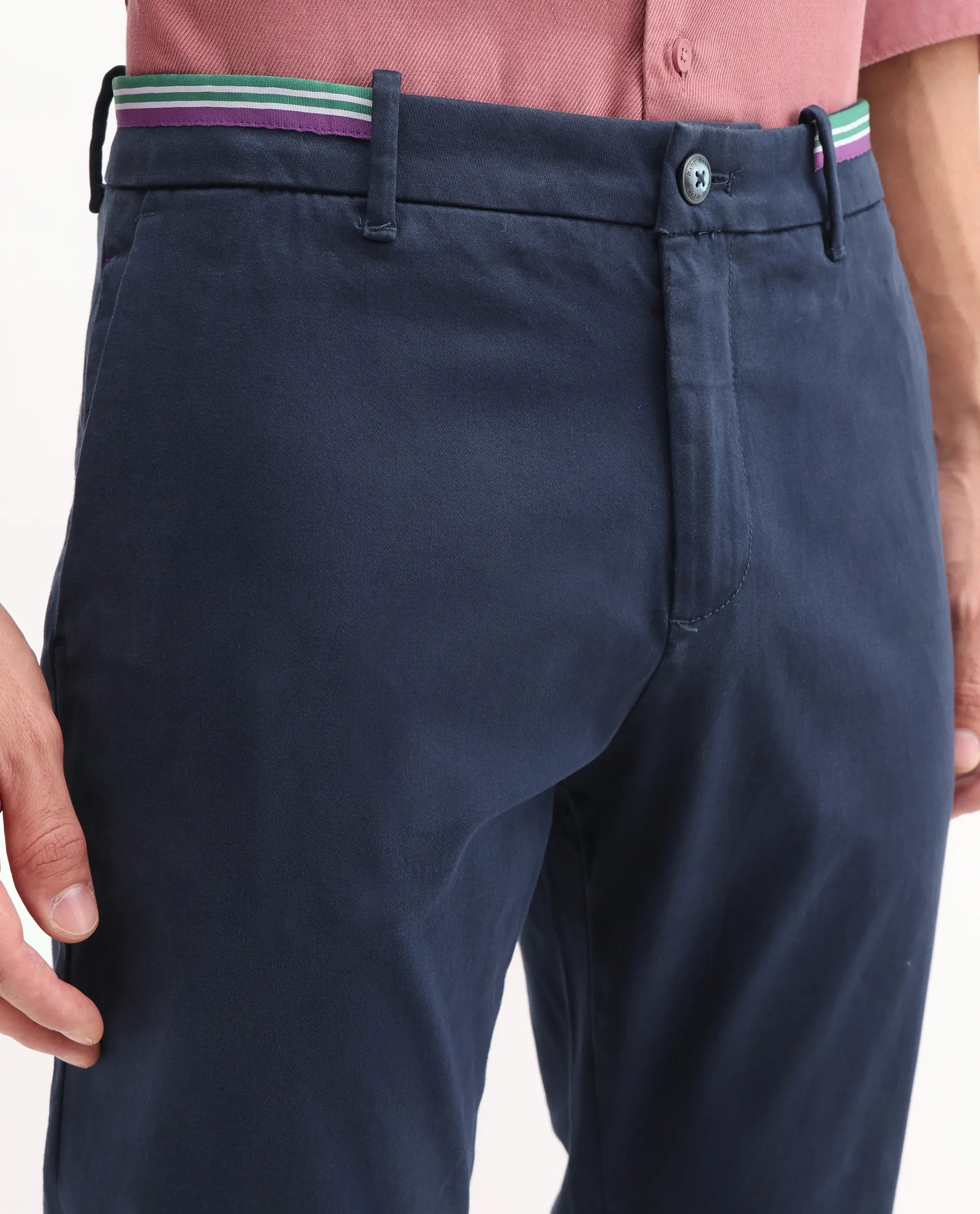 Rare Rabbit Men's Trello Navy Cotton Blend Plain Regular Fit Trouser
