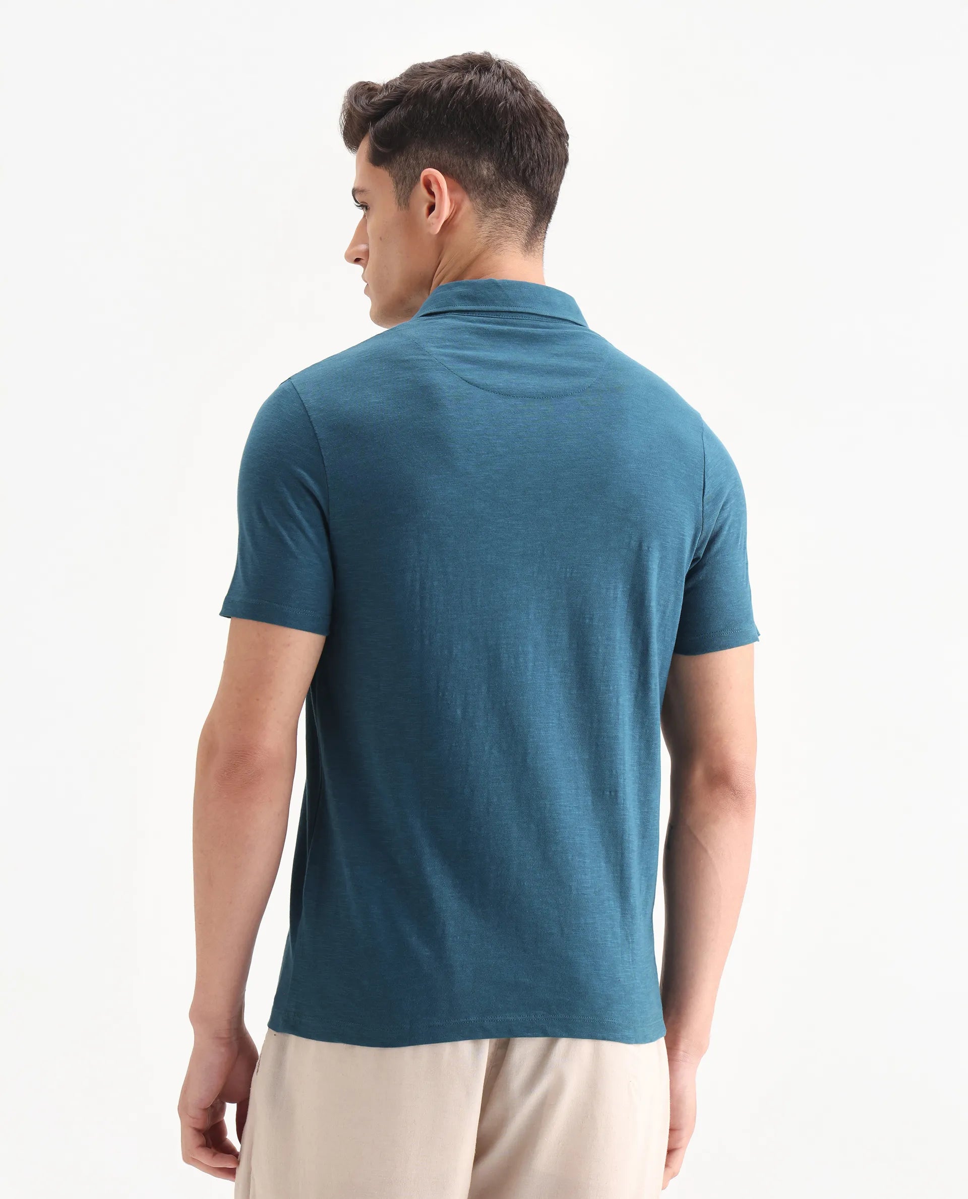 Rare Rabbit Men's Trent Petrol Cotton Plain Regular Fit Half Sleeve Polo