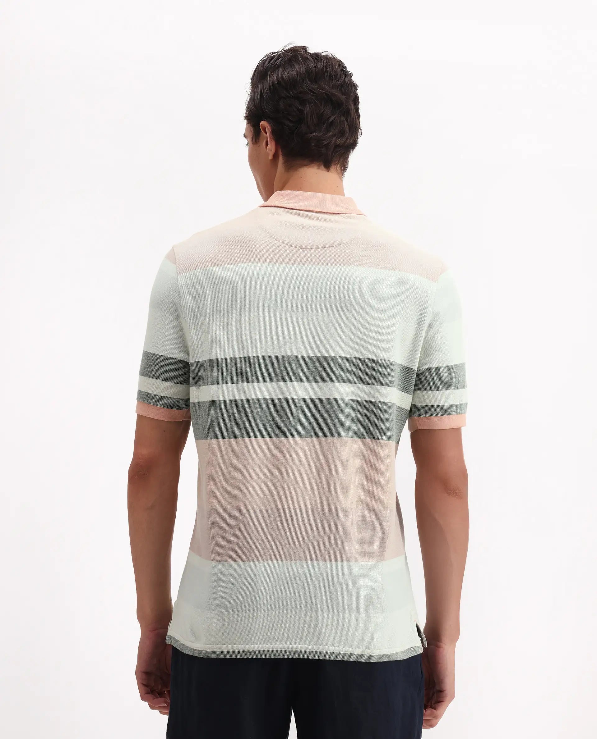 Rare Rabbit Men's Trenz Green Cotton Striped Print Regular Fit Half Sleeve Polo