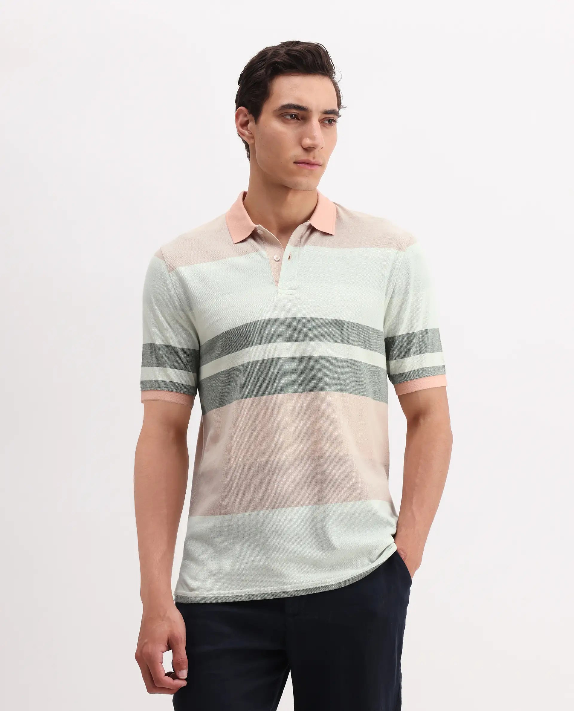 Rare Rabbit Men's Trenz Green Cotton Striped Print Regular Fit Half Sleeve Polo
