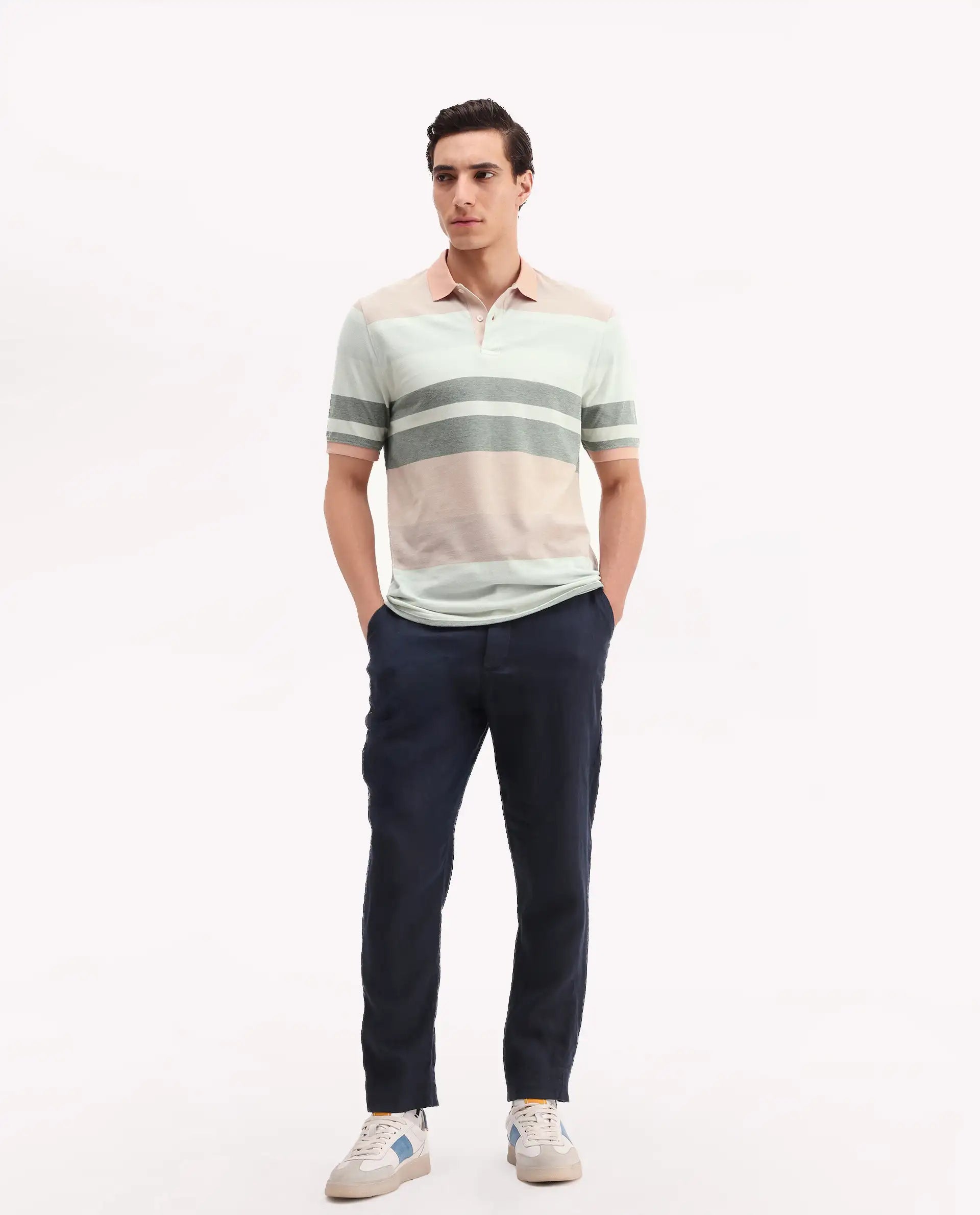 Rare Rabbit Men's Trenz Green Cotton Striped Print Regular Fit Half Sleeve Polo