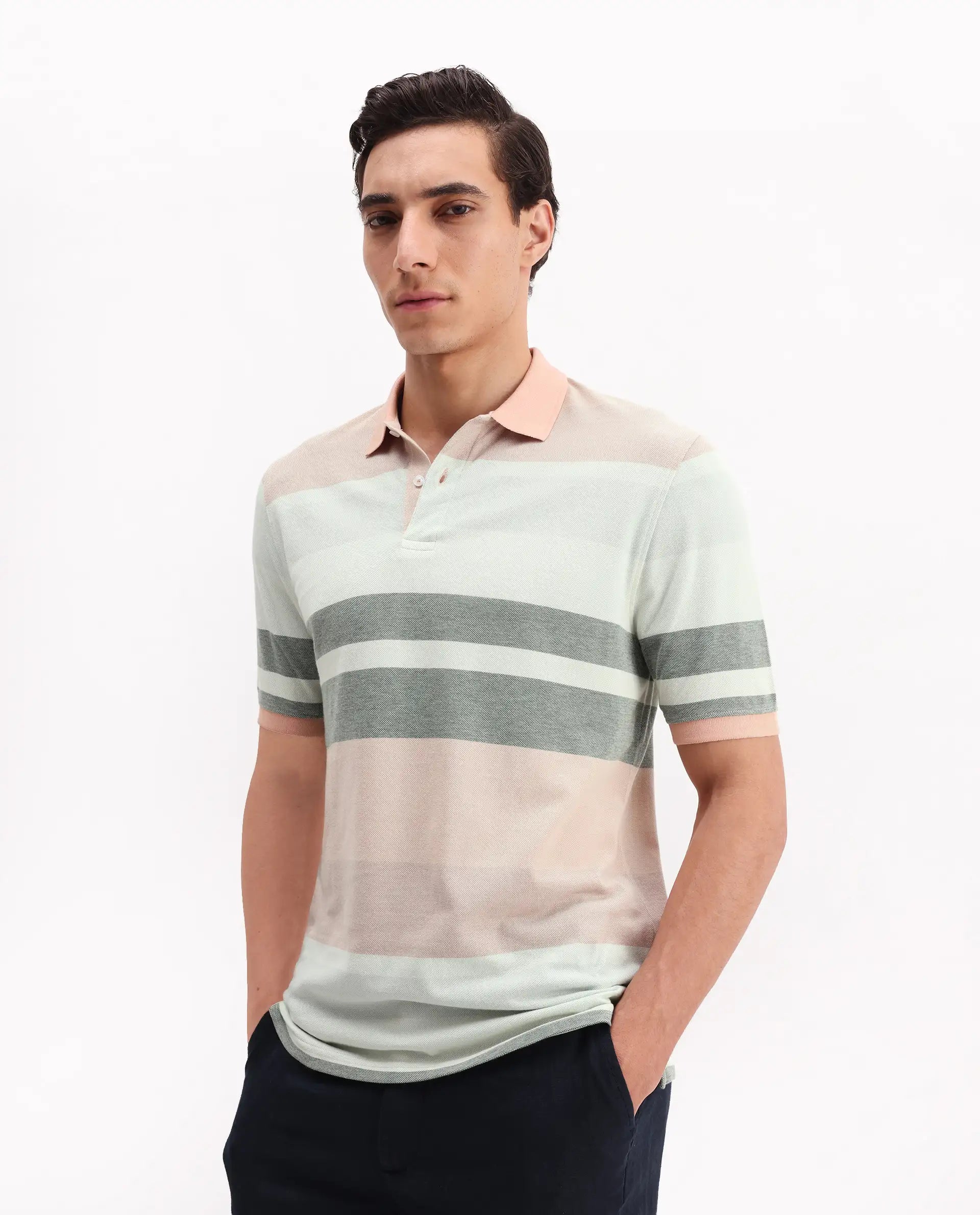 Rare Rabbit Men's Trenz Green Cotton Striped Print Regular Fit Half Sleeve Polo