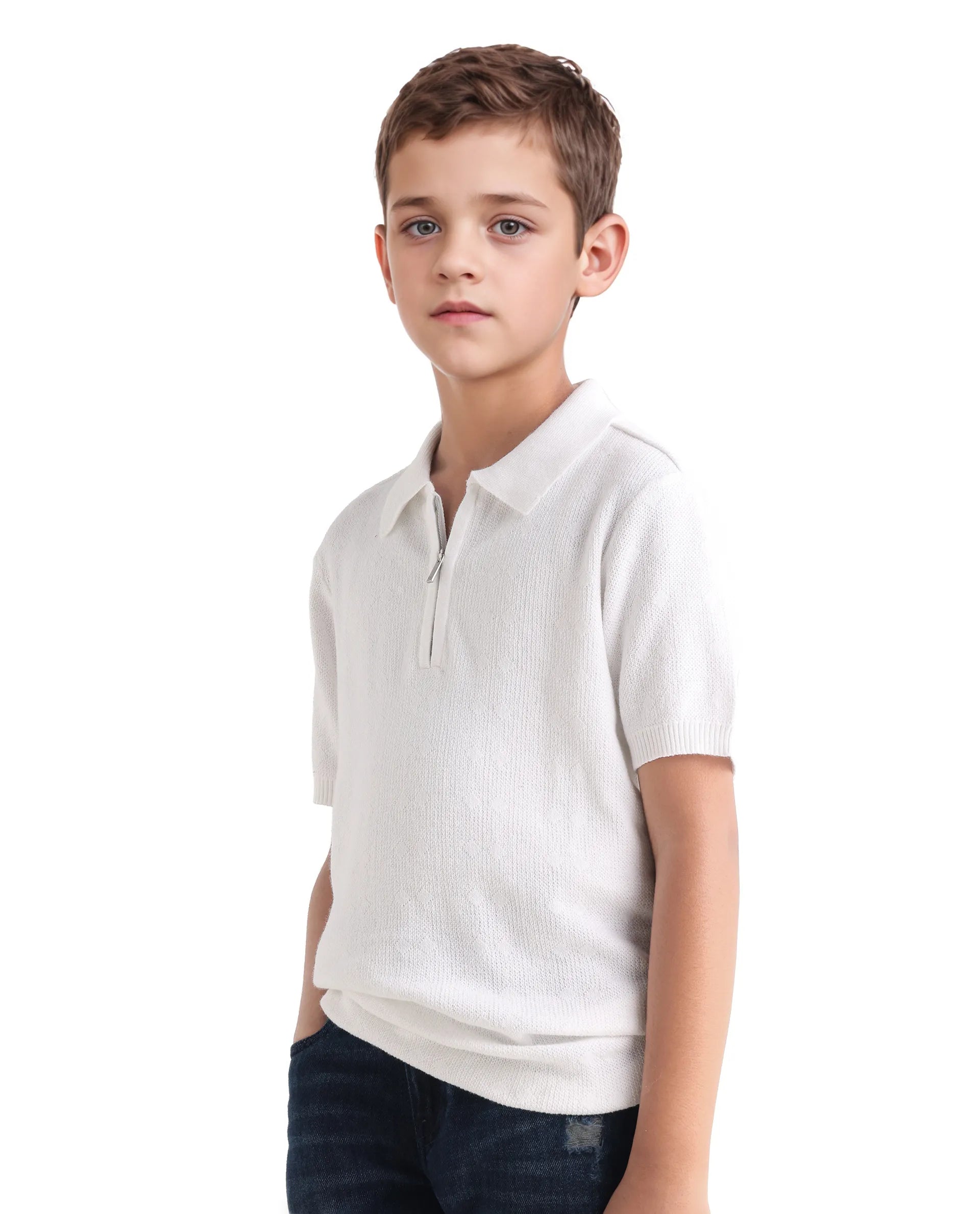 Rare Ones Kids Treo Off White Jacquard Zipper Closure Regular Fit Polo