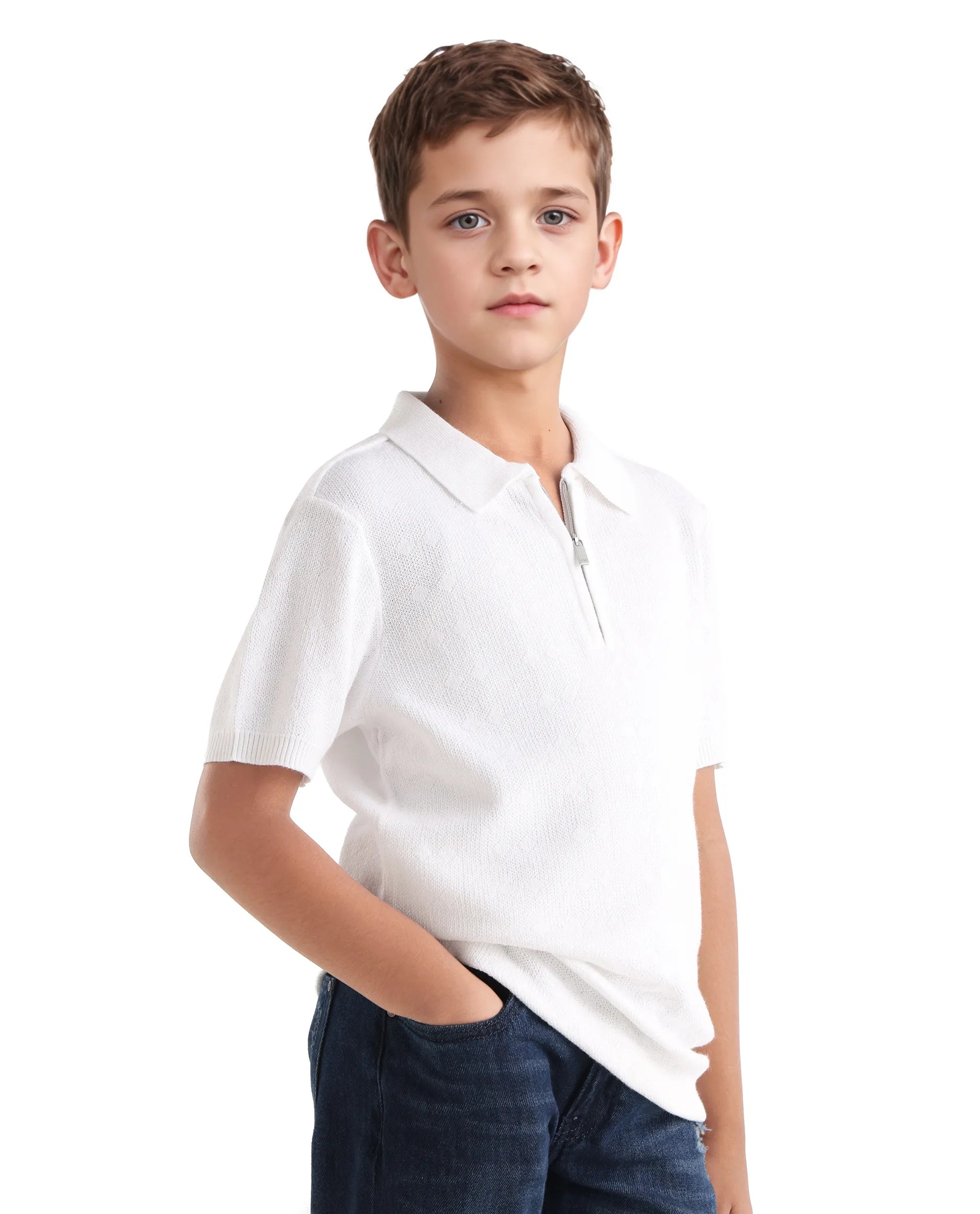 Rare Ones Kids Treo Off White Jacquard Zipper Closure Regular Fit Polo
