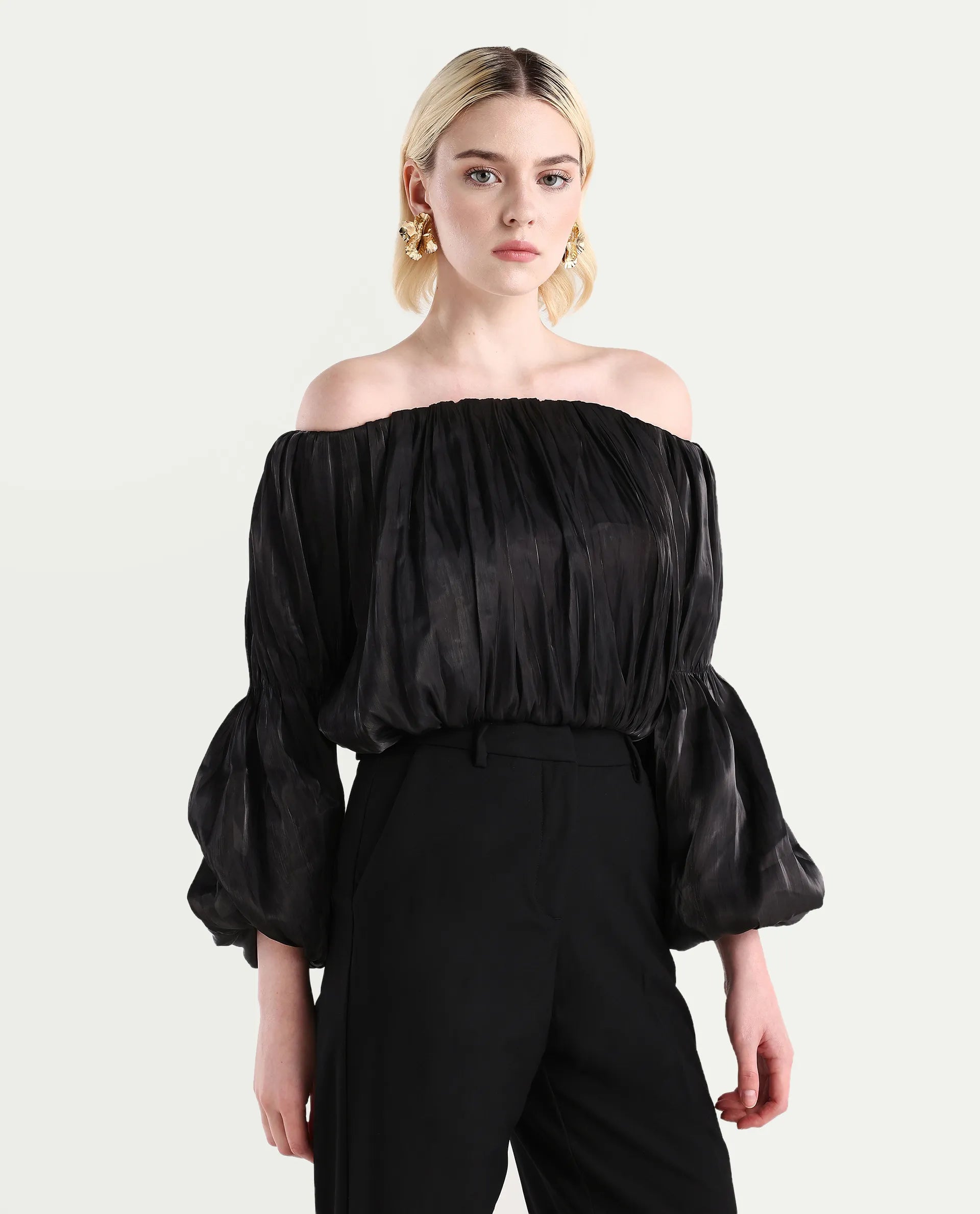 Rareism Women's Trese Black Polyester Plain Fashion Sleeve Crop Regular Fit Top