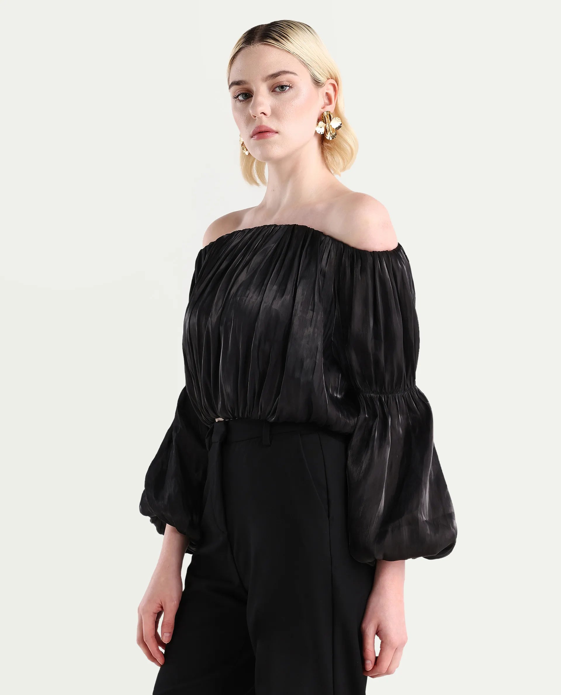 Rareism Women's Trese Black Polyester Plain Fashion Sleeve Crop Regular Fit Top