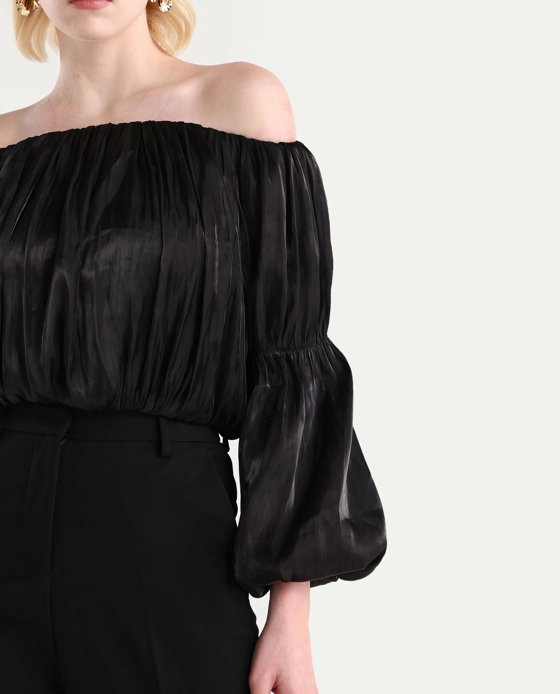 Rareism Women's Trese Black Polyester Plain Fashion Sleeve Crop Regular Fit Top