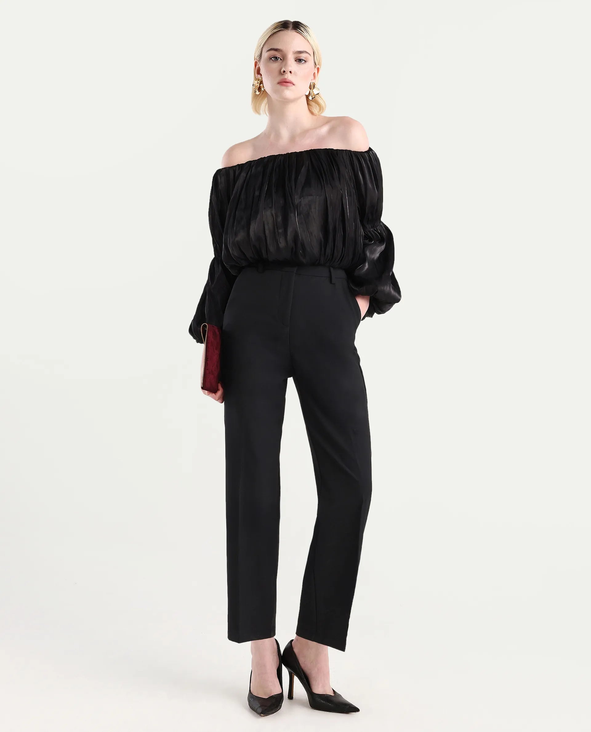 Rareism Women's Trese Black Polyester Plain Fashion Sleeve Crop Regular Fit Top