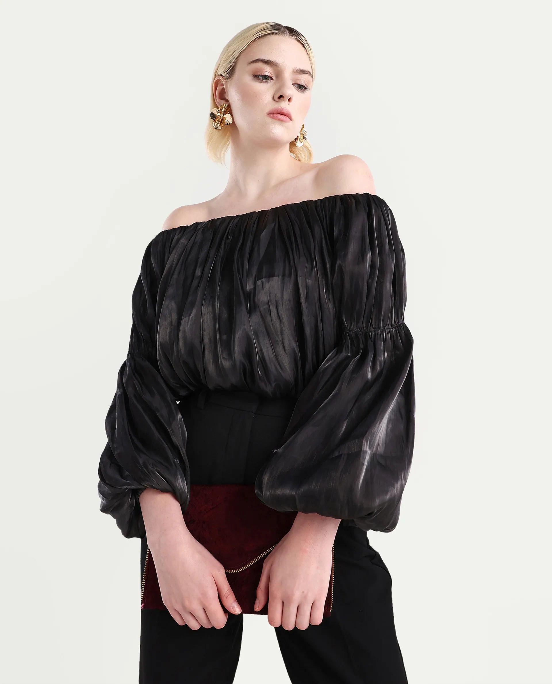 Rareism Women's Trese Black Polyester Plain Fashion Sleeve Crop Regular Fit Top