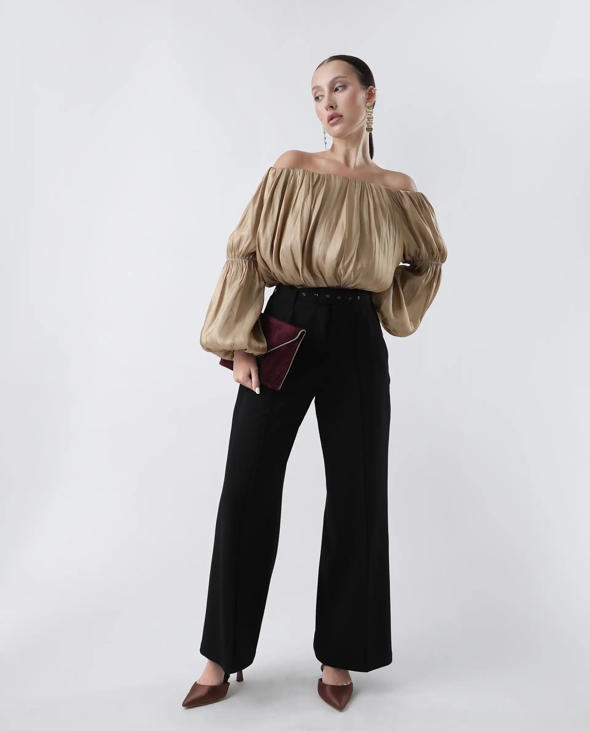 Rareism Women's Trese Gold Polyester Plain Fashion Sleeve Crop Regular Fit Top