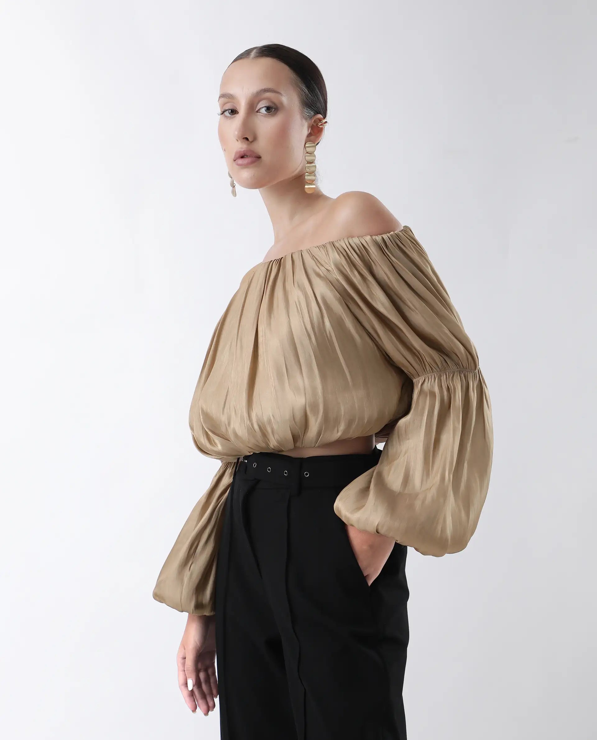 Rareism Women's Trese Gold Polyester Plain Fashion Sleeve Crop Regular Fit Top