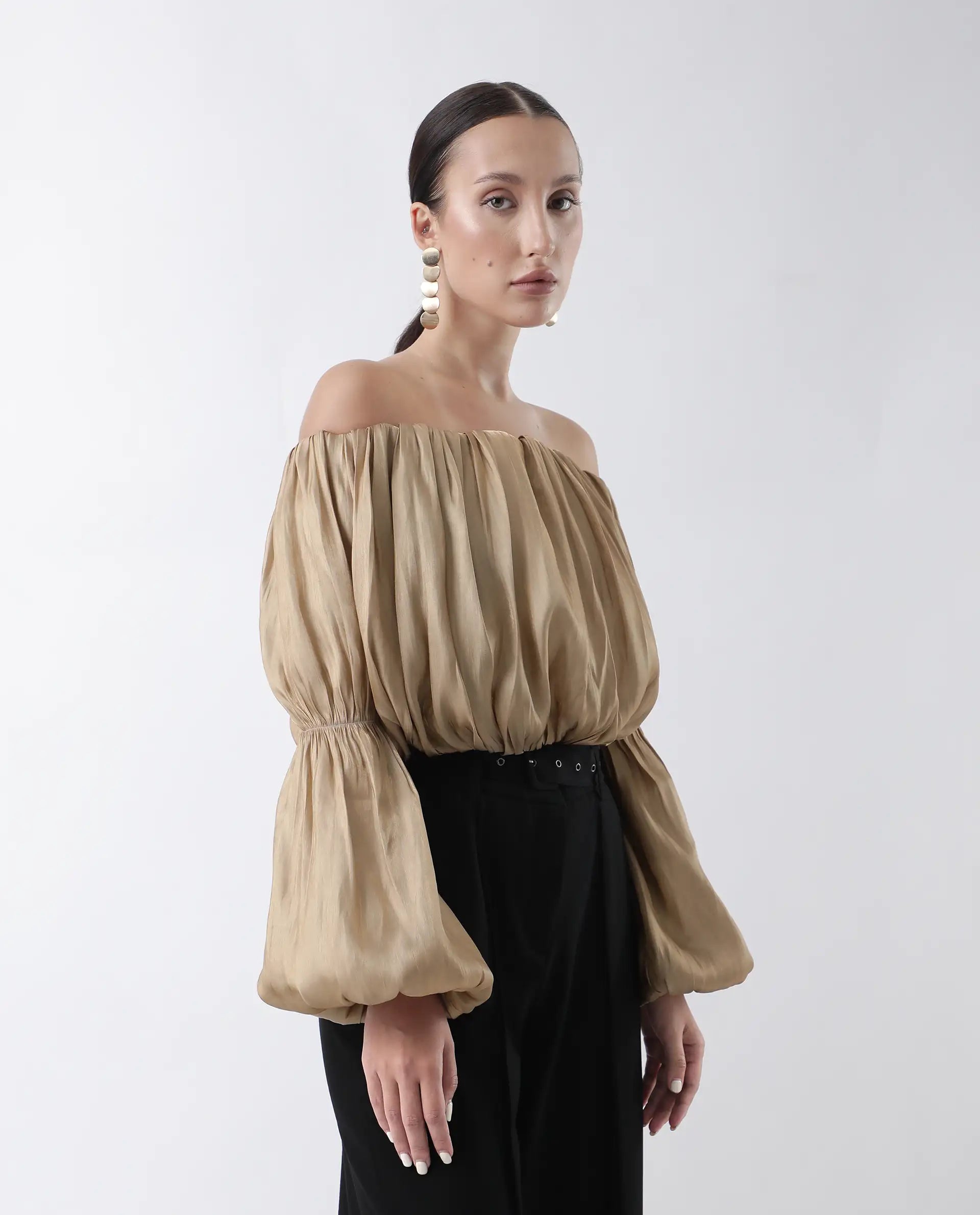 Rareism Women's Trese Gold Polyester Plain Fashion Sleeve Crop Regular Fit Top