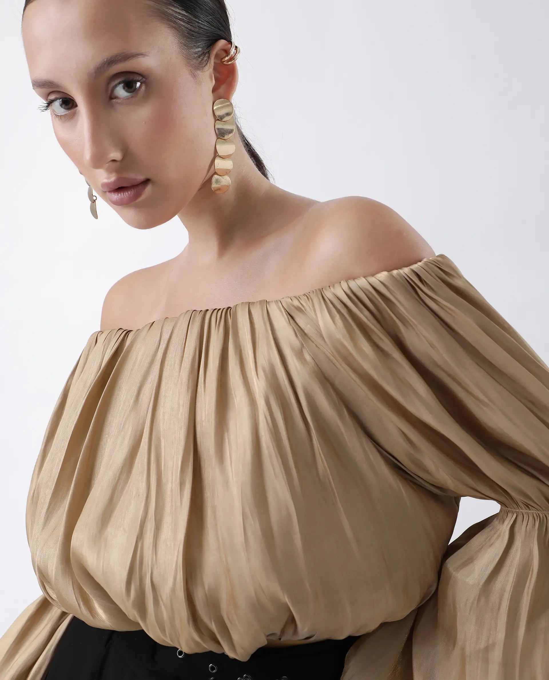 Rareism Women's Trese Gold Polyester Plain Fashion Sleeve Crop Regular Fit Top