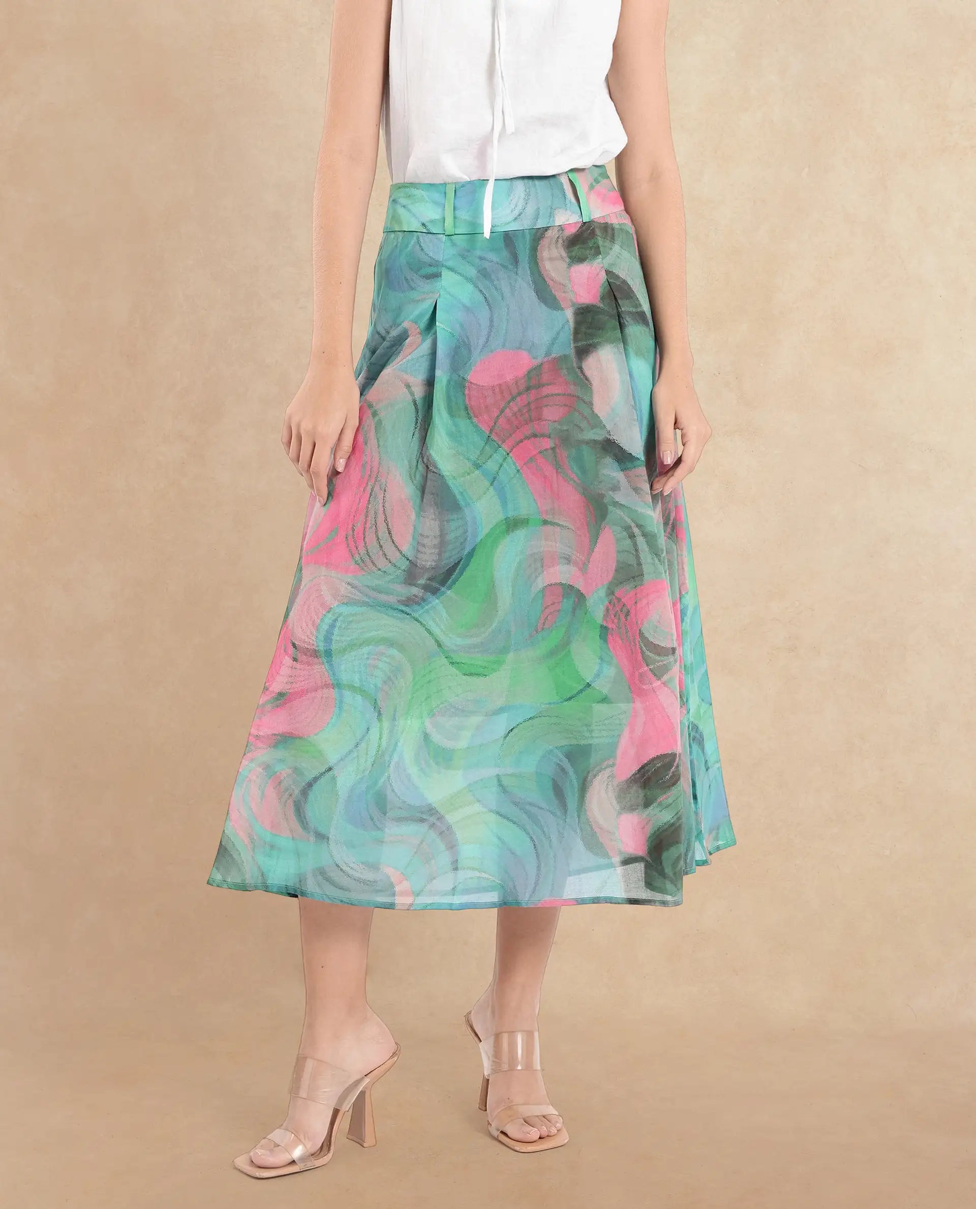 Rareism Women Treviso Dusky Multi  Flared Midi Abstract Print Skirt