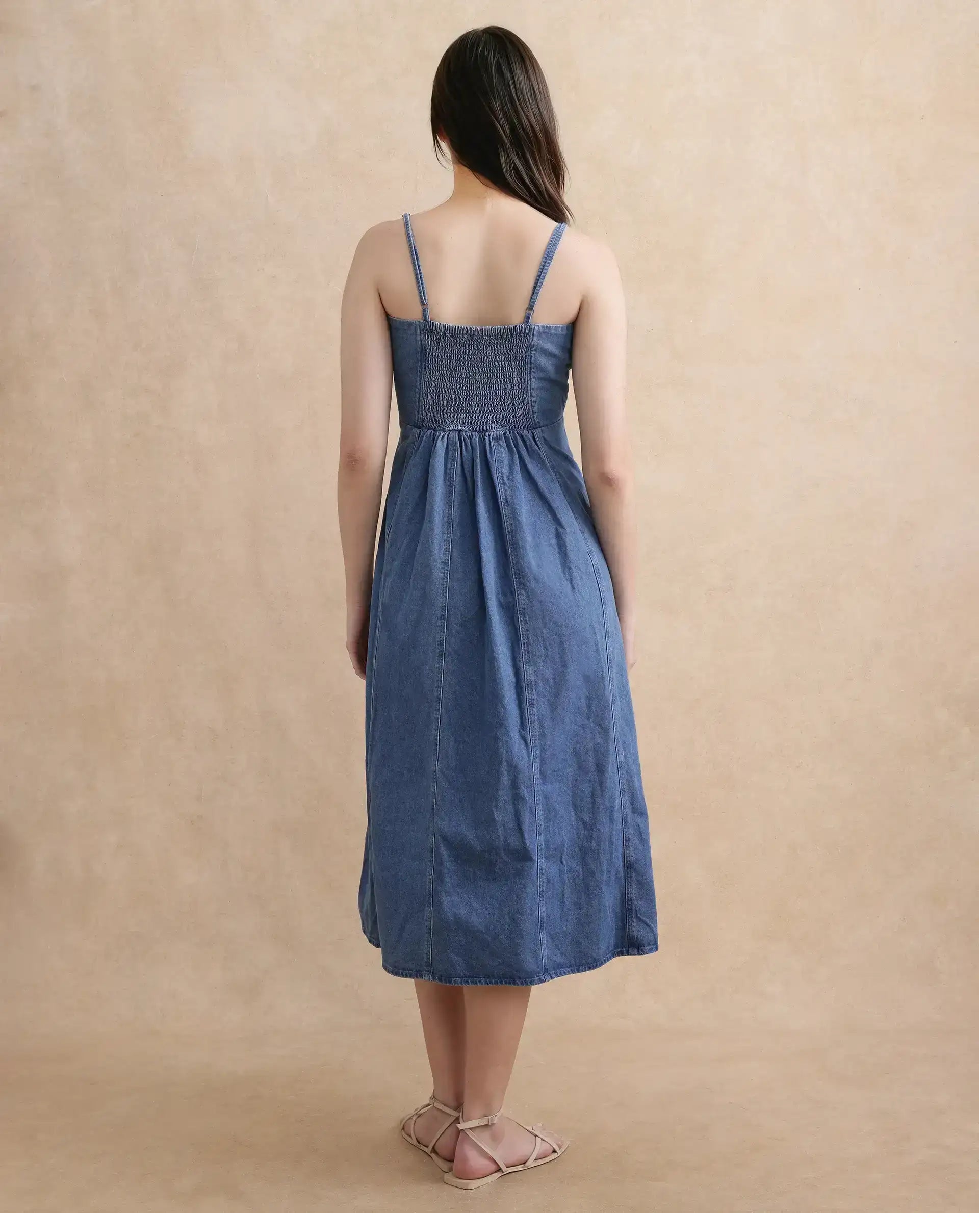 Rareism Women Trevo Blue Cotton Fabric Regular Fit Plain Dress