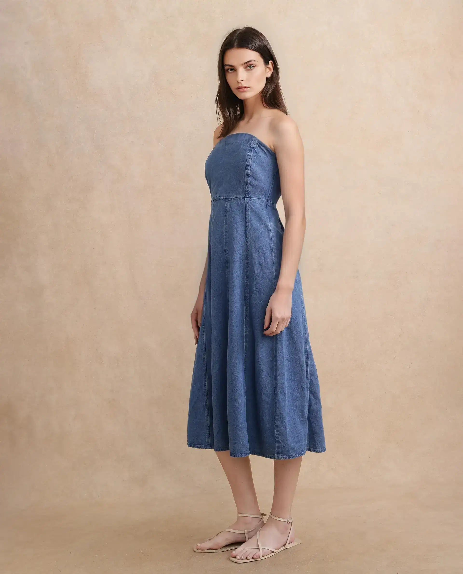 Rareism Women Trevo Blue Cotton Fabric Regular Fit Plain Dress