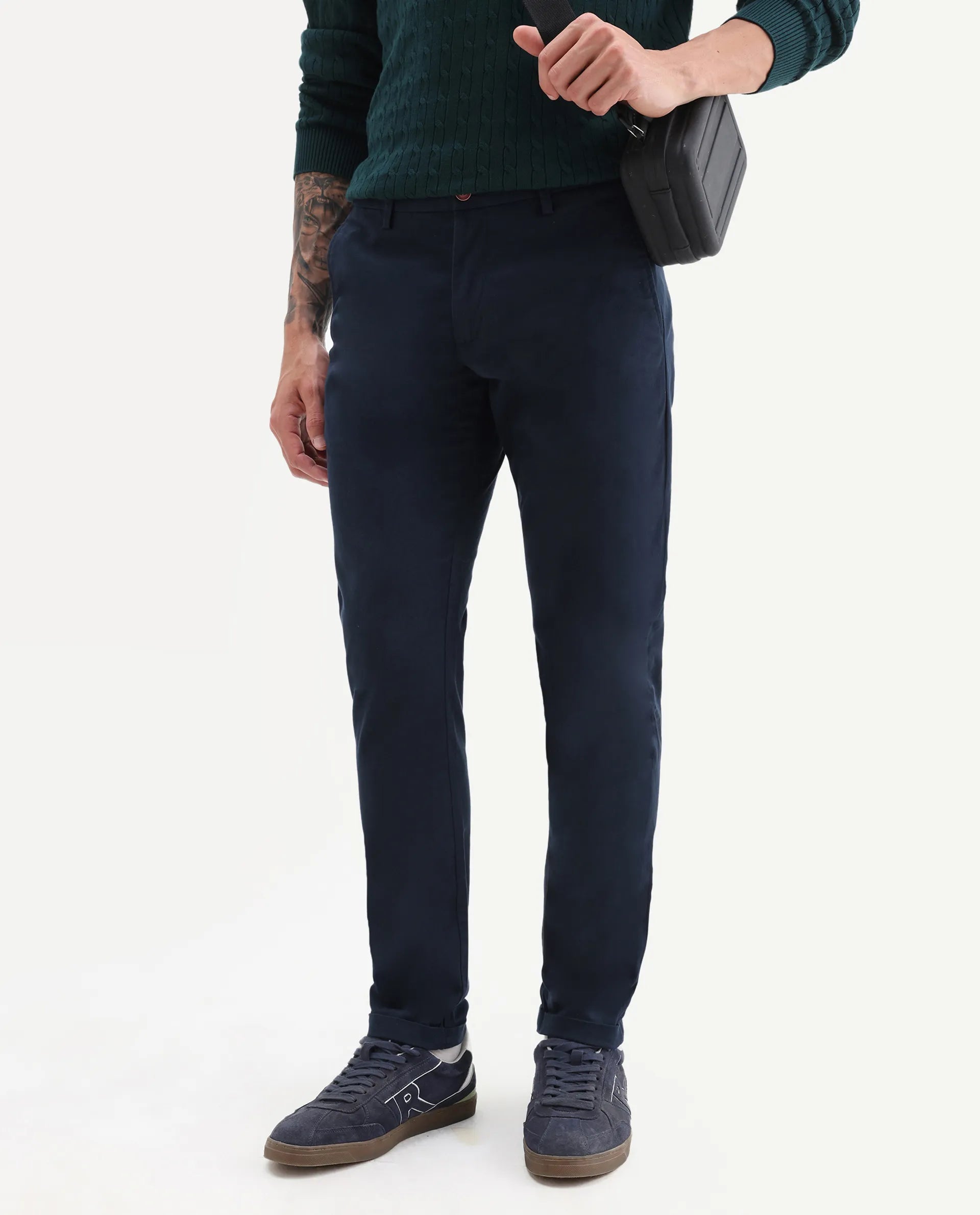 Rare Rabbit Men's Trews-22 Blue Cotton Plain Regular Fit Trouser