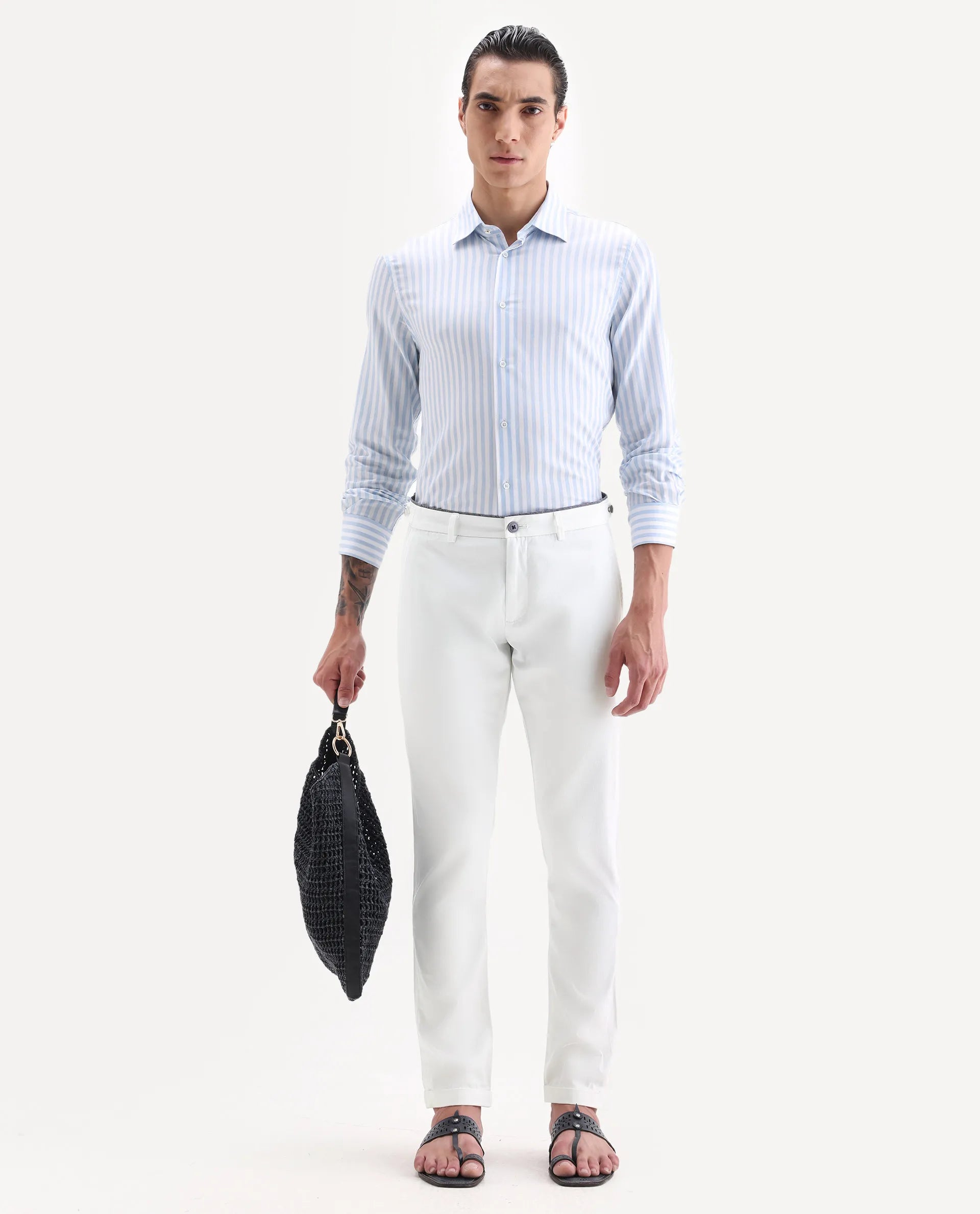 Rare Rabbit Men's Trews-22 White Cotton Plain Regular Fit Trouser