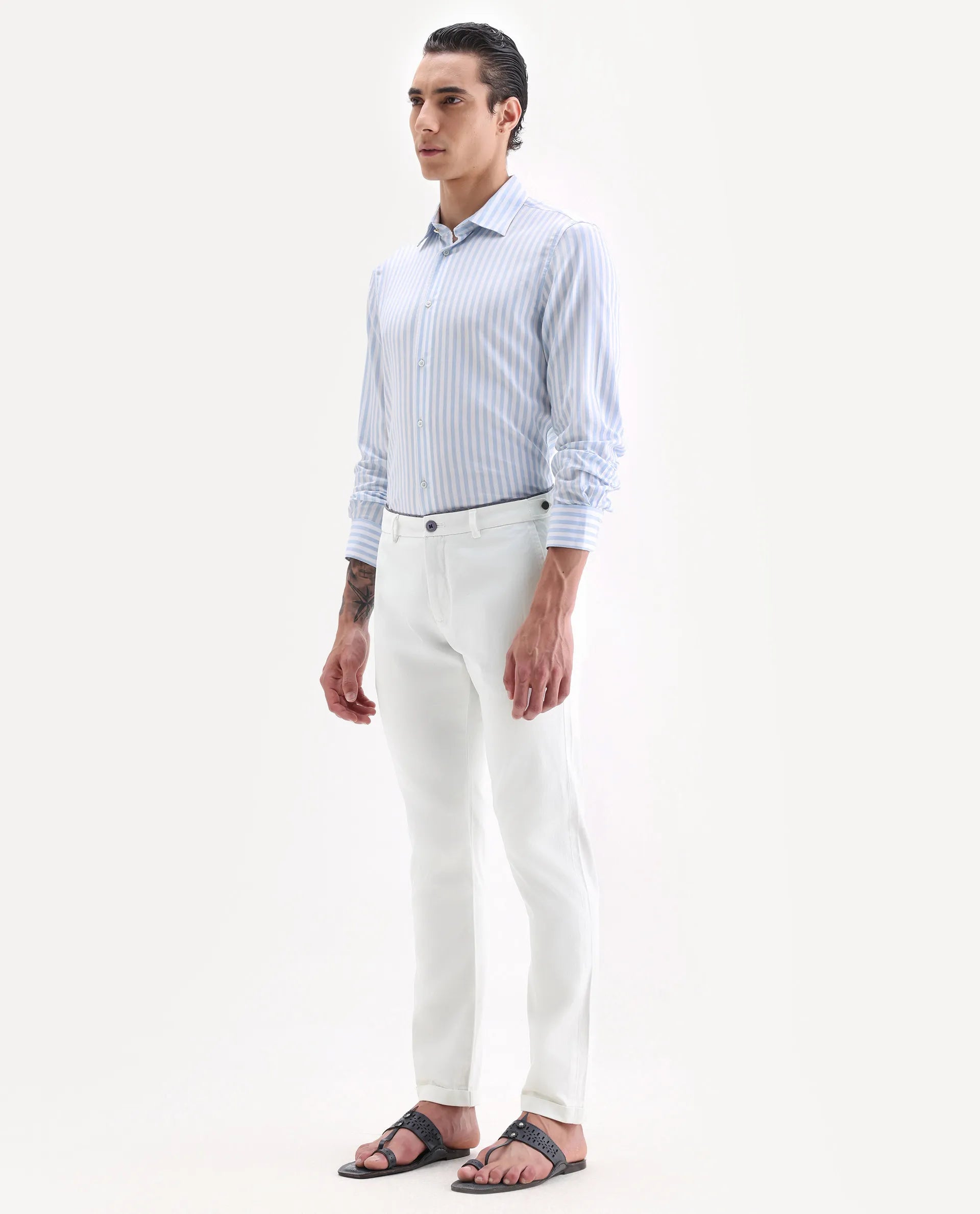 Rare Rabbit Men's Trews-22 White Cotton Plain Regular Fit Trouser