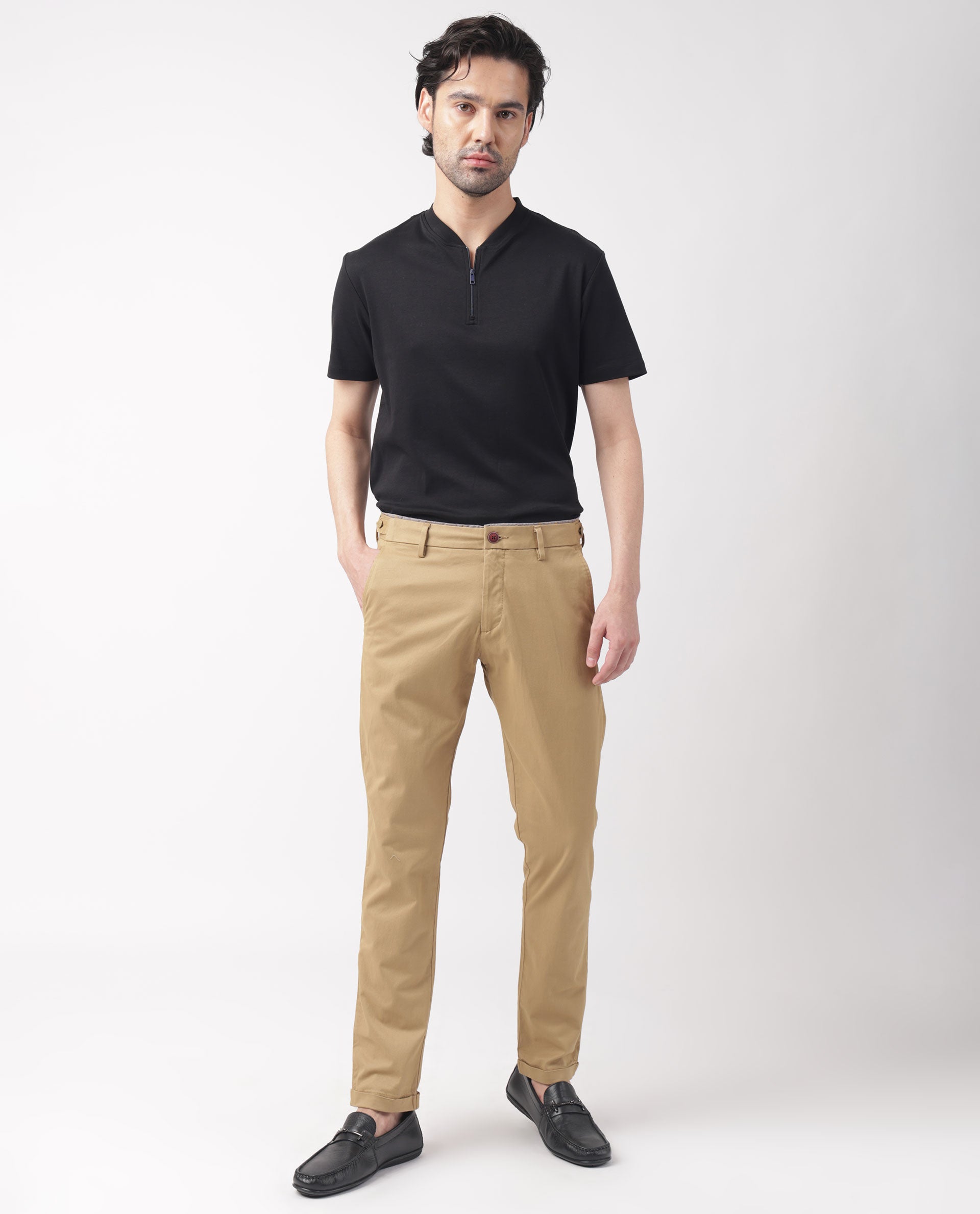 Rare Rabbit Men's Trews-1 Khaki Solid Mid-Rise Regular Fit Trouser
