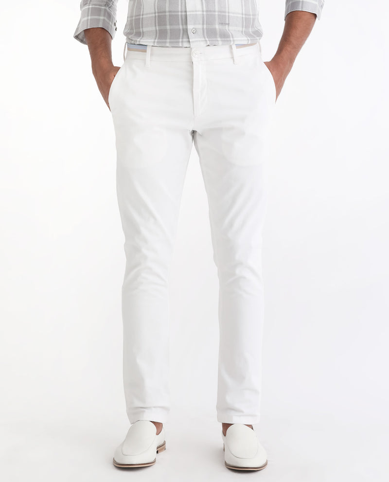 Rare Rabbit Men's Trellis White Solid Mid-Rise Regular Fit Stretch Trouser
