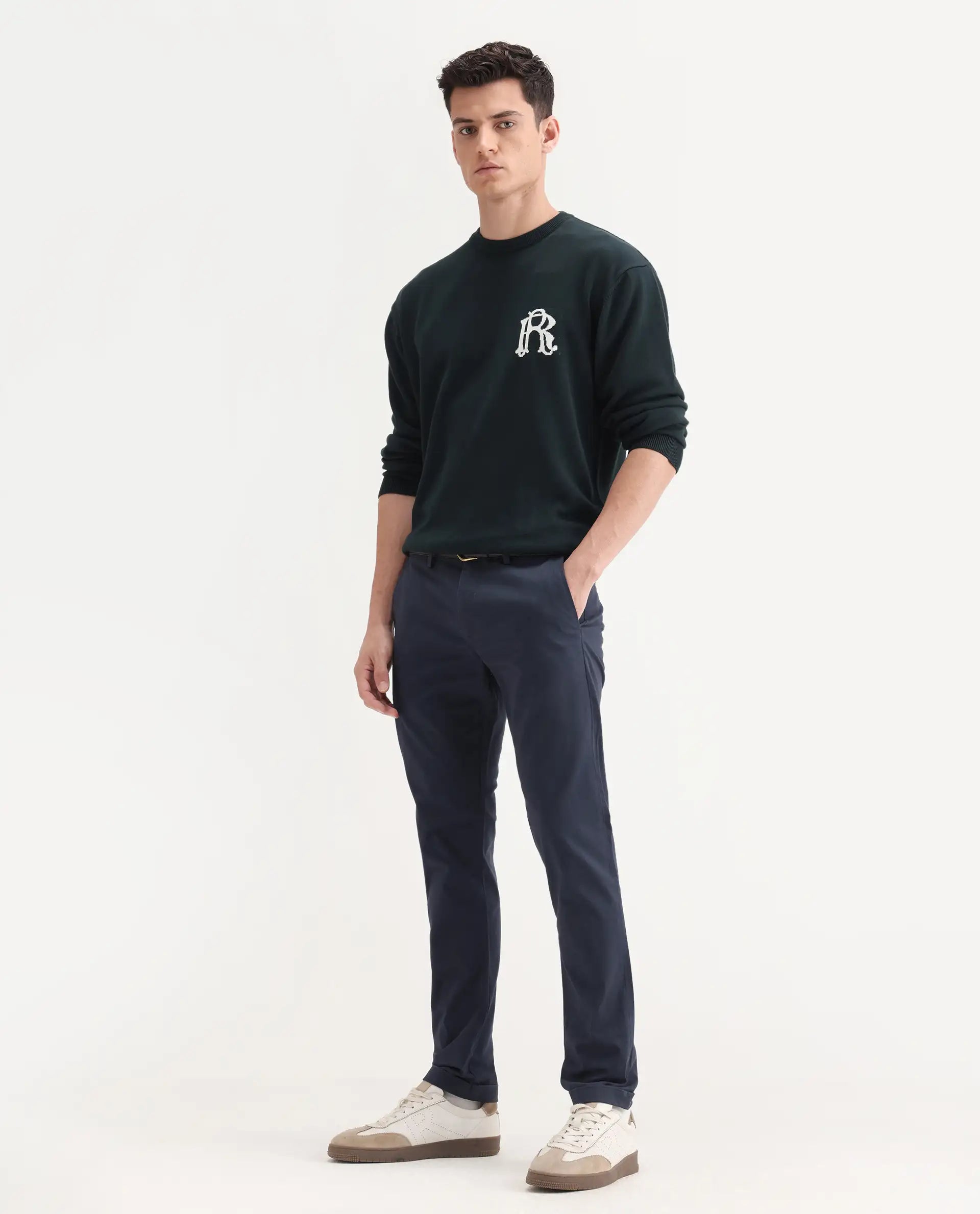 Rare Rabbit Men's Trews-22 Navy Cotton Plain Regular Fit Trouser