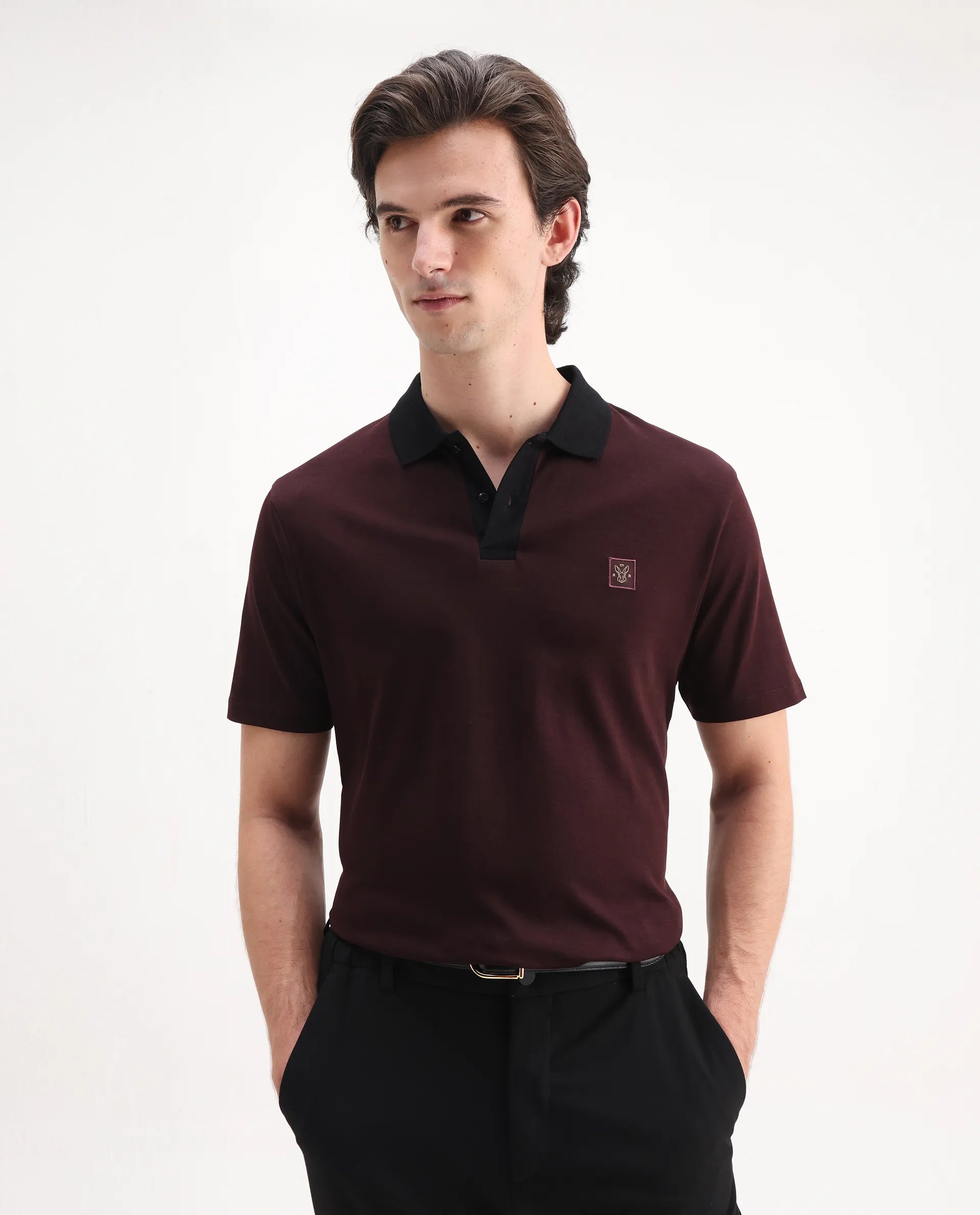 Rare Rabbit Men's Trex Maroon Cotton Plain Regular Fit Half Sleeve Polo