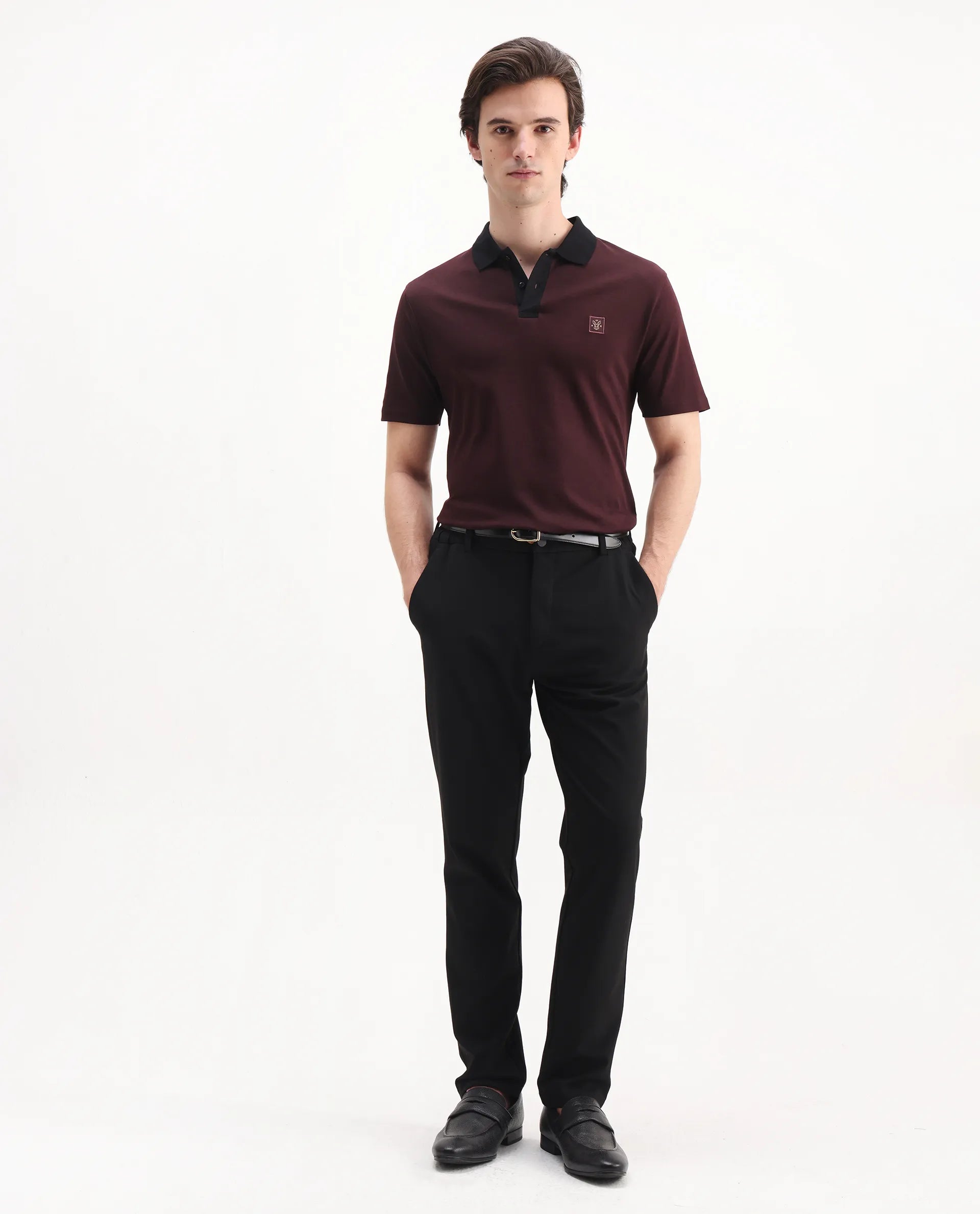 Rare Rabbit Men's Trex Maroon Cotton Plain Regular Fit Half Sleeve Polo
