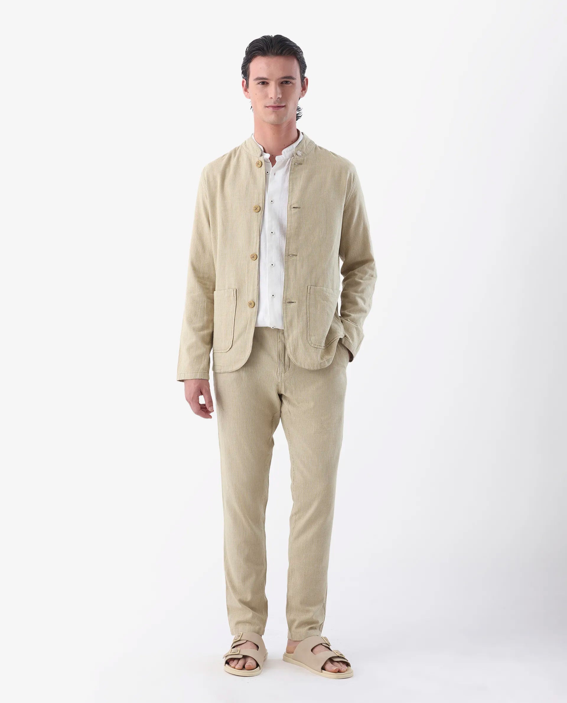 Rare Rabbit Men's Trex Mustard Linen Blend Striped Print Regular Fit Full Sleeve Mandarin Collar Jacket