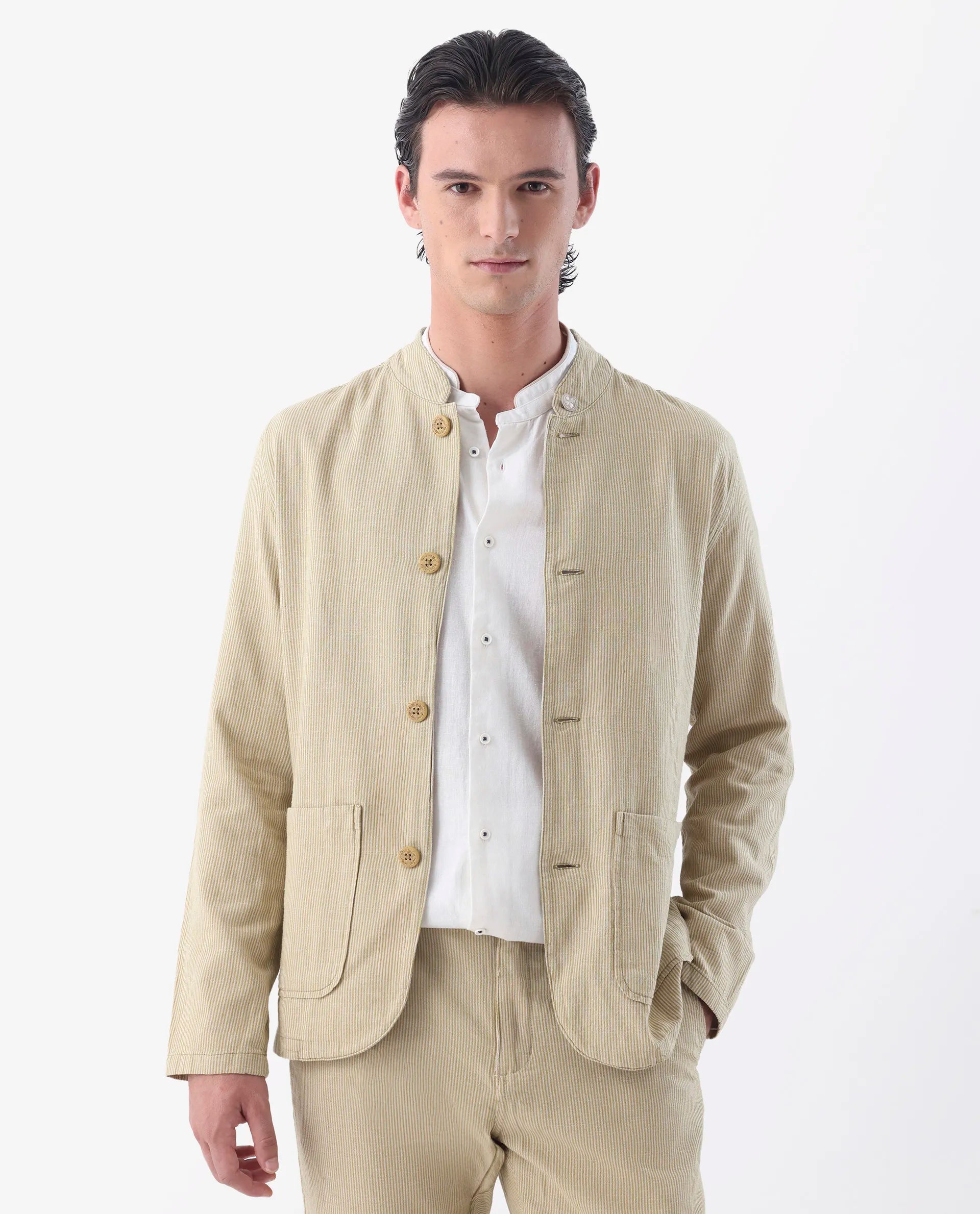 Rare Rabbit Men's Trex Mustard Linen Blend Striped Print Regular Fit Full Sleeve Mandarin Collar Jacket