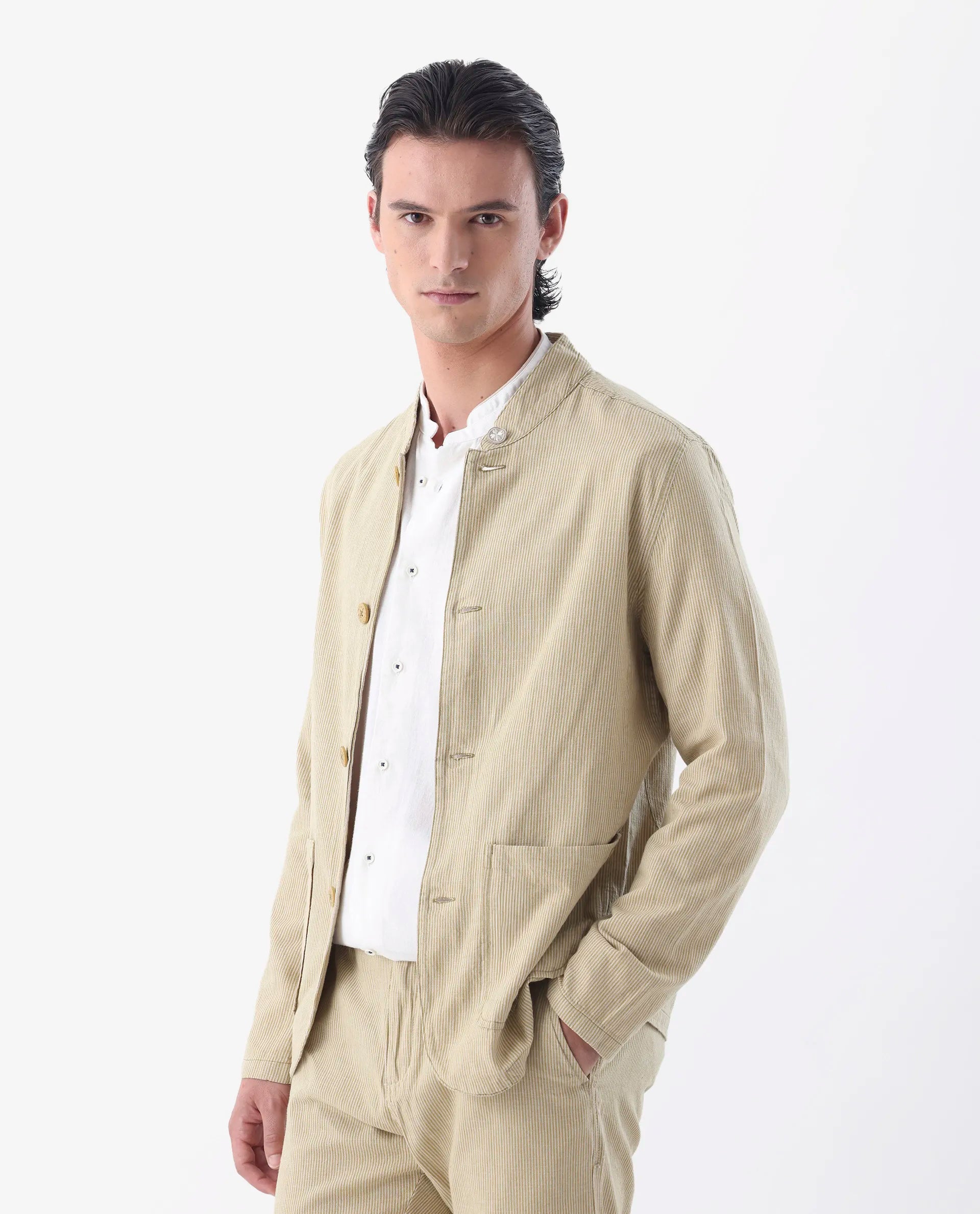 Rare Rabbit Men's Trex Mustard Linen Blend Striped Print Regular Fit Full Sleeve Mandarin Collar Jacket