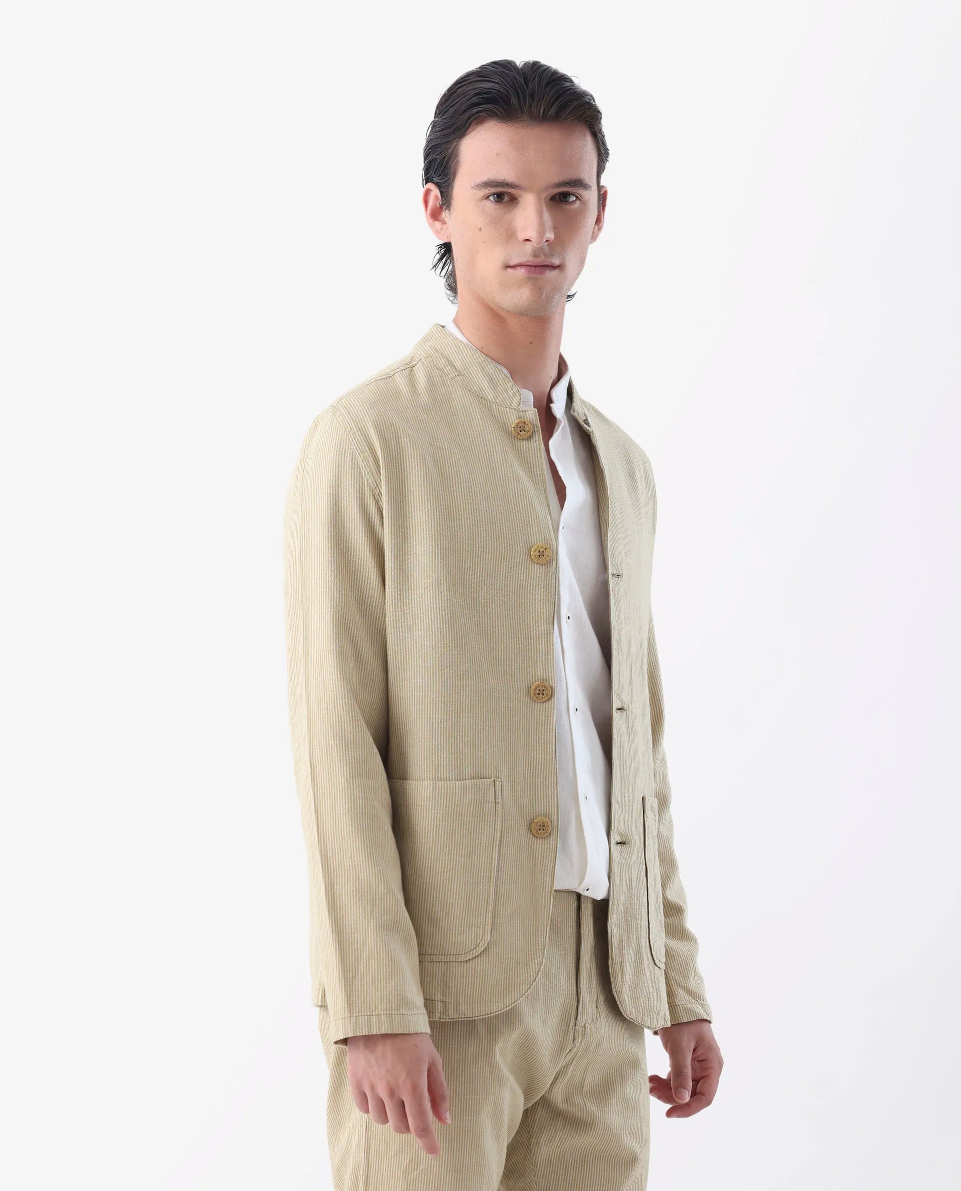 Rare Rabbit Men's Trex Mustard Linen Blend Striped Print Regular Fit Full Sleeve Mandarin Collar Jacket