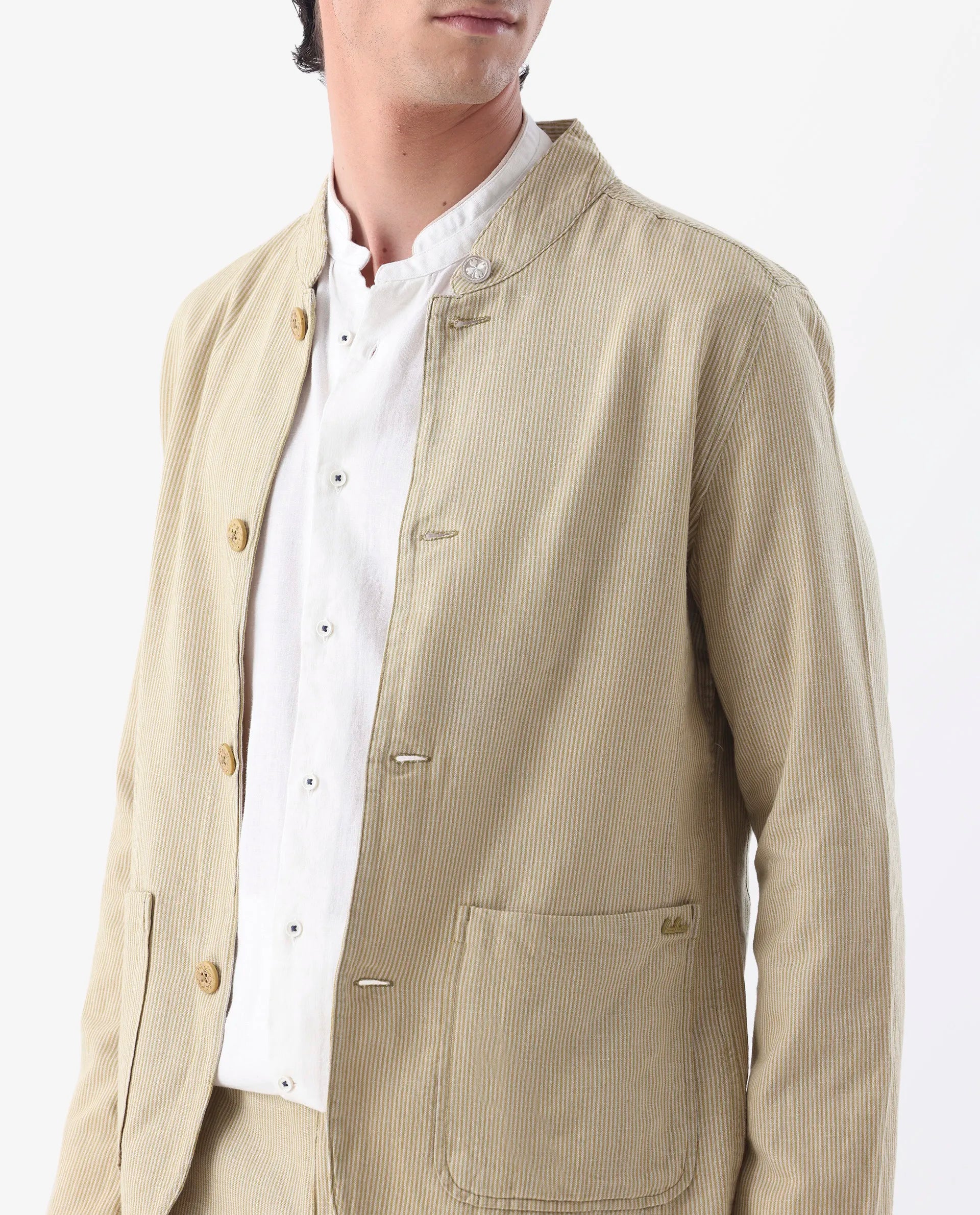 Rare Rabbit Men's Trex Mustard Linen Blend Striped Print Regular Fit Full Sleeve Mandarin Collar Jacket