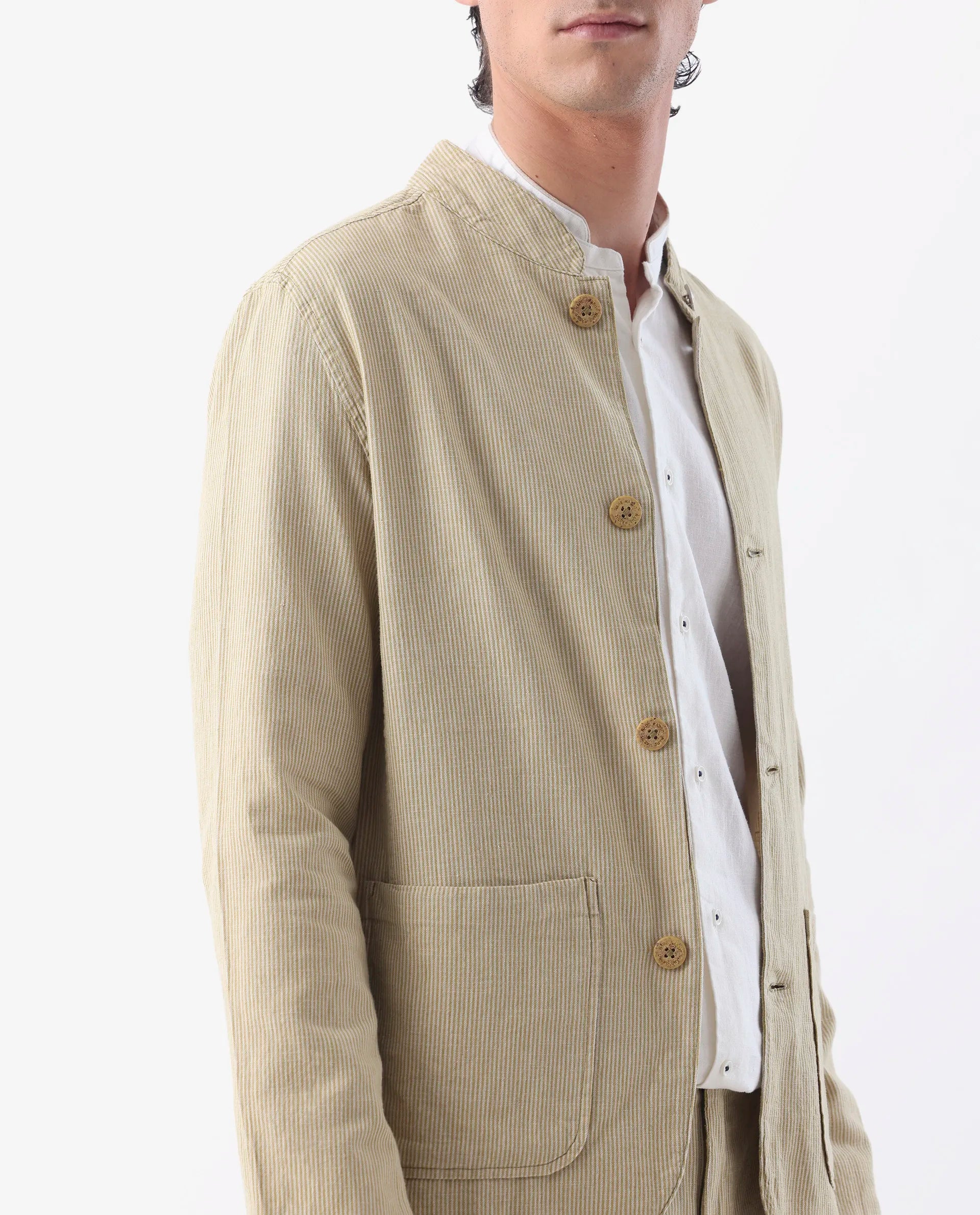 Rare Rabbit Men's Trex Mustard Linen Blend Striped Print Regular Fit Full Sleeve Mandarin Collar Jacket
