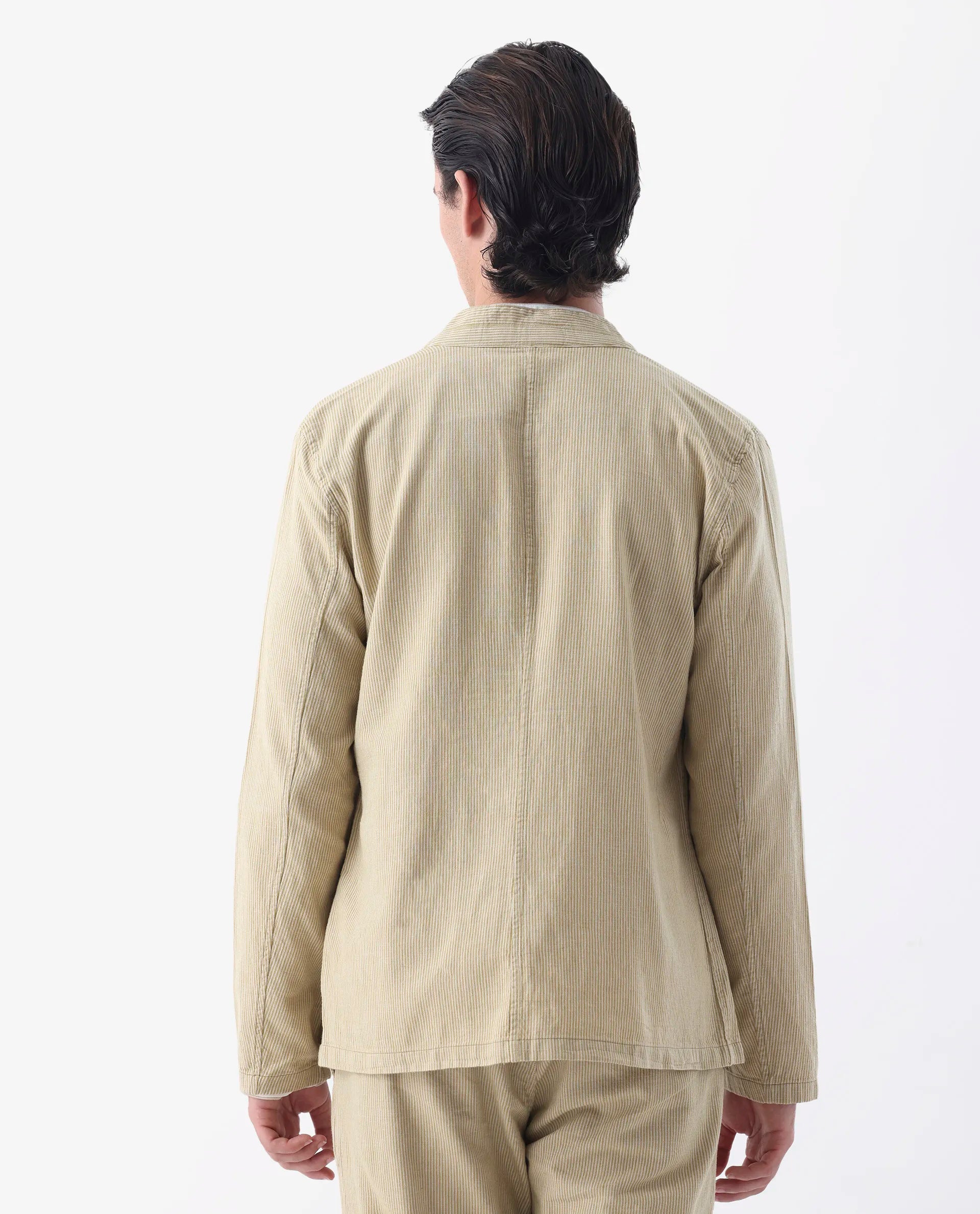 Rare Rabbit Men's Trex Mustard Linen Blend Striped Print Regular Fit Full Sleeve Mandarin Collar Jacket