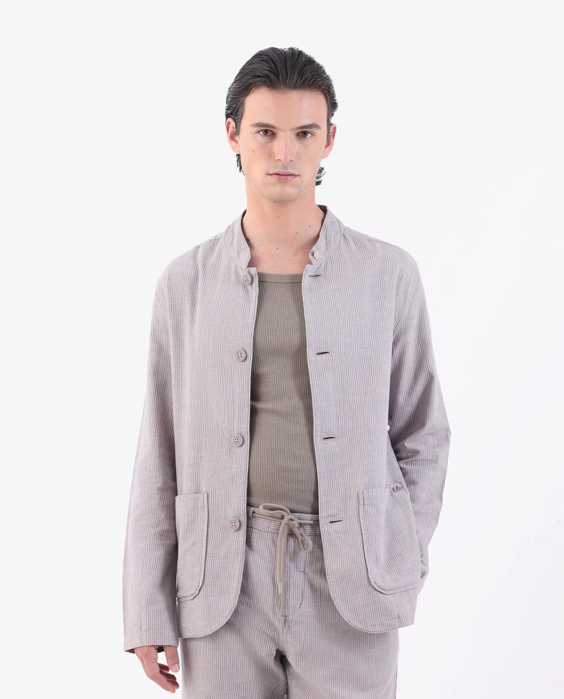 Rare Rabbit Men's Trex Pink Linen Blend Striped Print Regular Fit Full Sleeve Mandarin Collar Jacket