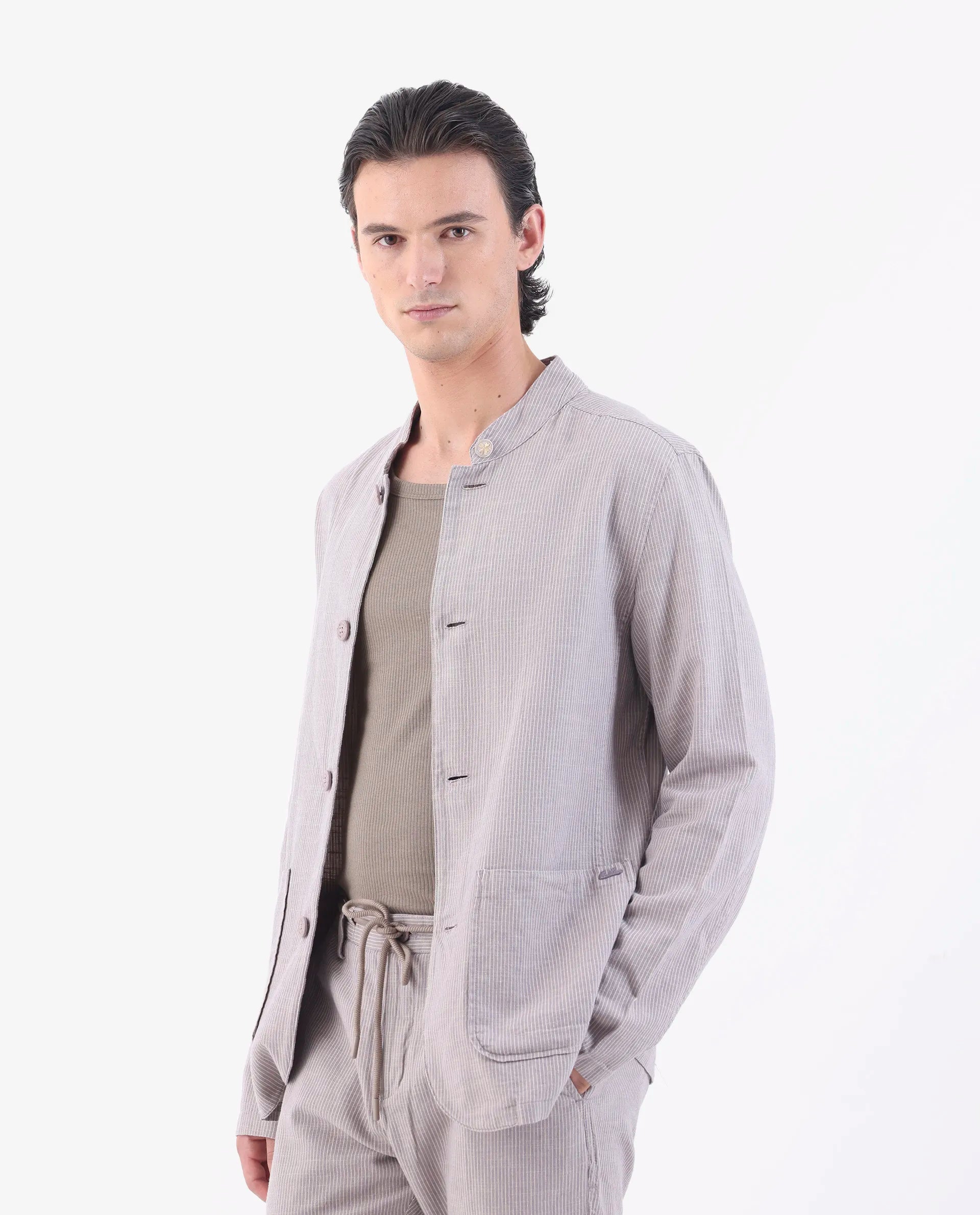 Rare Rabbit Men's Trex Pink Linen Blend Striped Print Regular Fit Full Sleeve Mandarin Collar Jacket