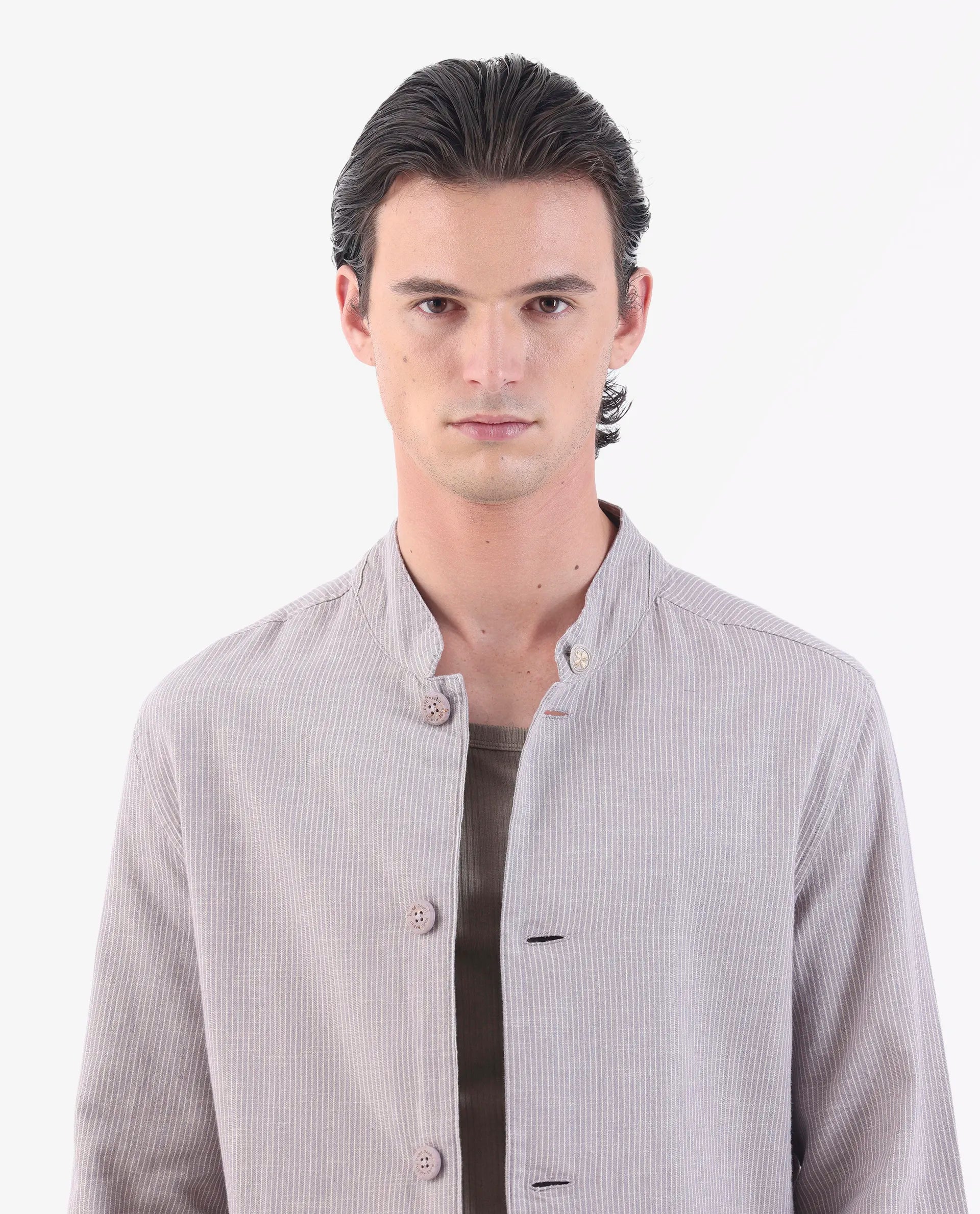 Rare Rabbit Men's Trex Pink Linen Blend Striped Print Regular Fit Full Sleeve Mandarin Collar Jacket