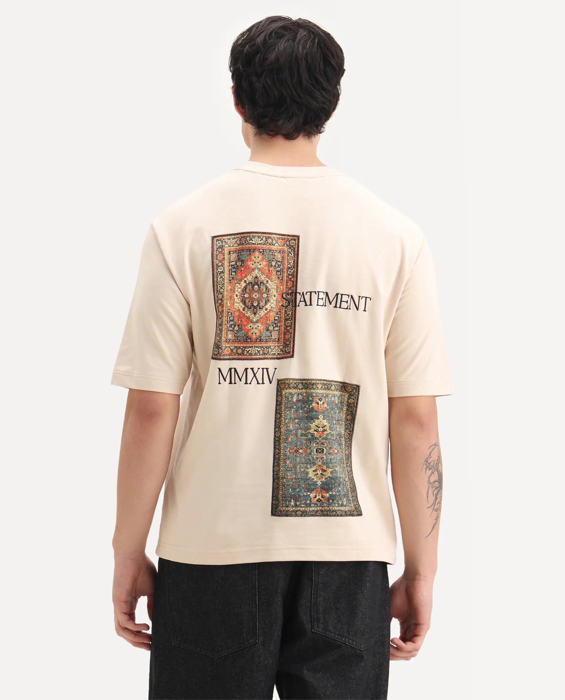 Rare Rabbit Men's Trez Beige Cotton Embroidered Oversized Fit Half Sleeve Crew Neck T-Shirt