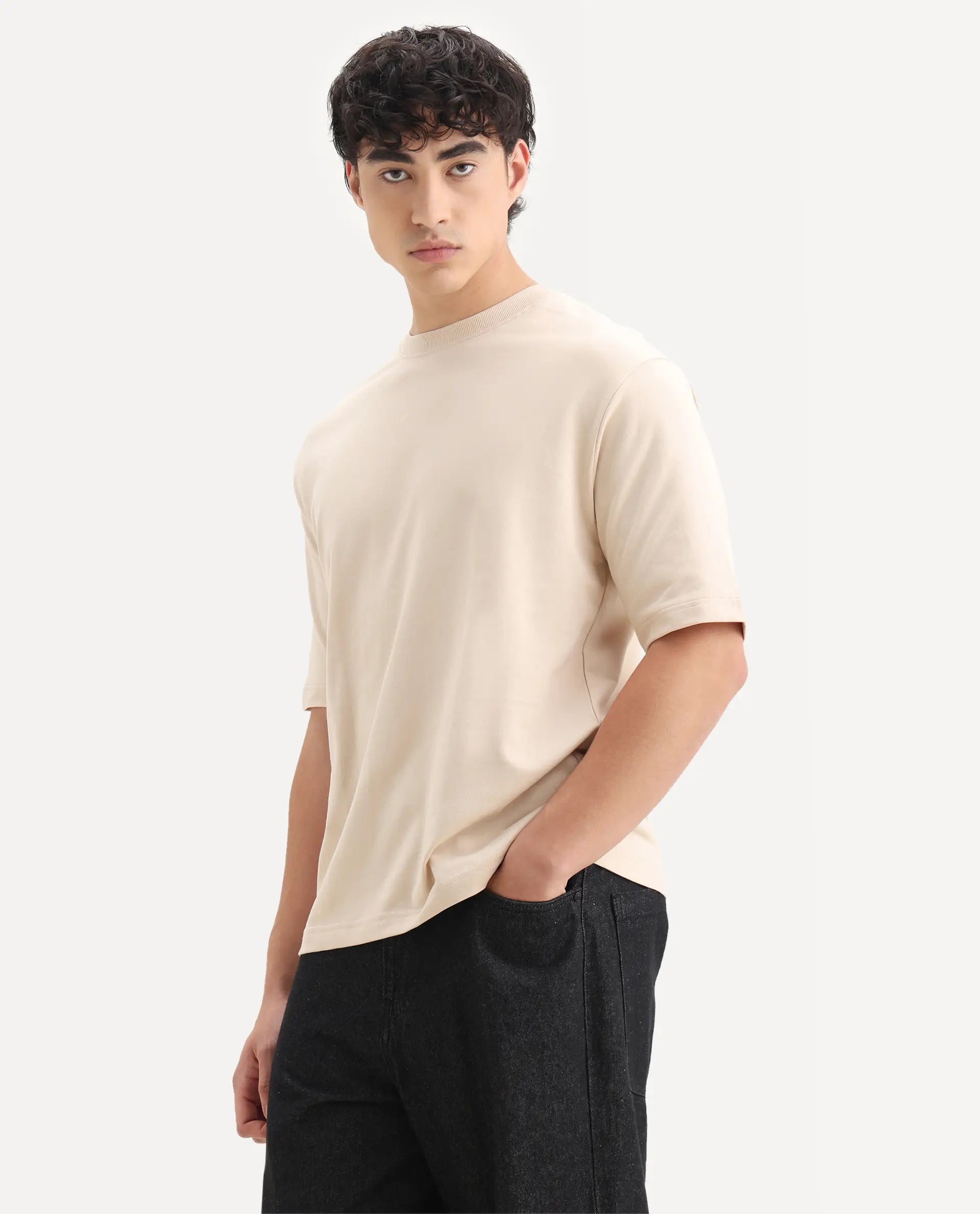 Rare Rabbit Men's Trez Beige Cotton Embroidered Oversized Fit Half Sleeve Crew Neck T-Shirt