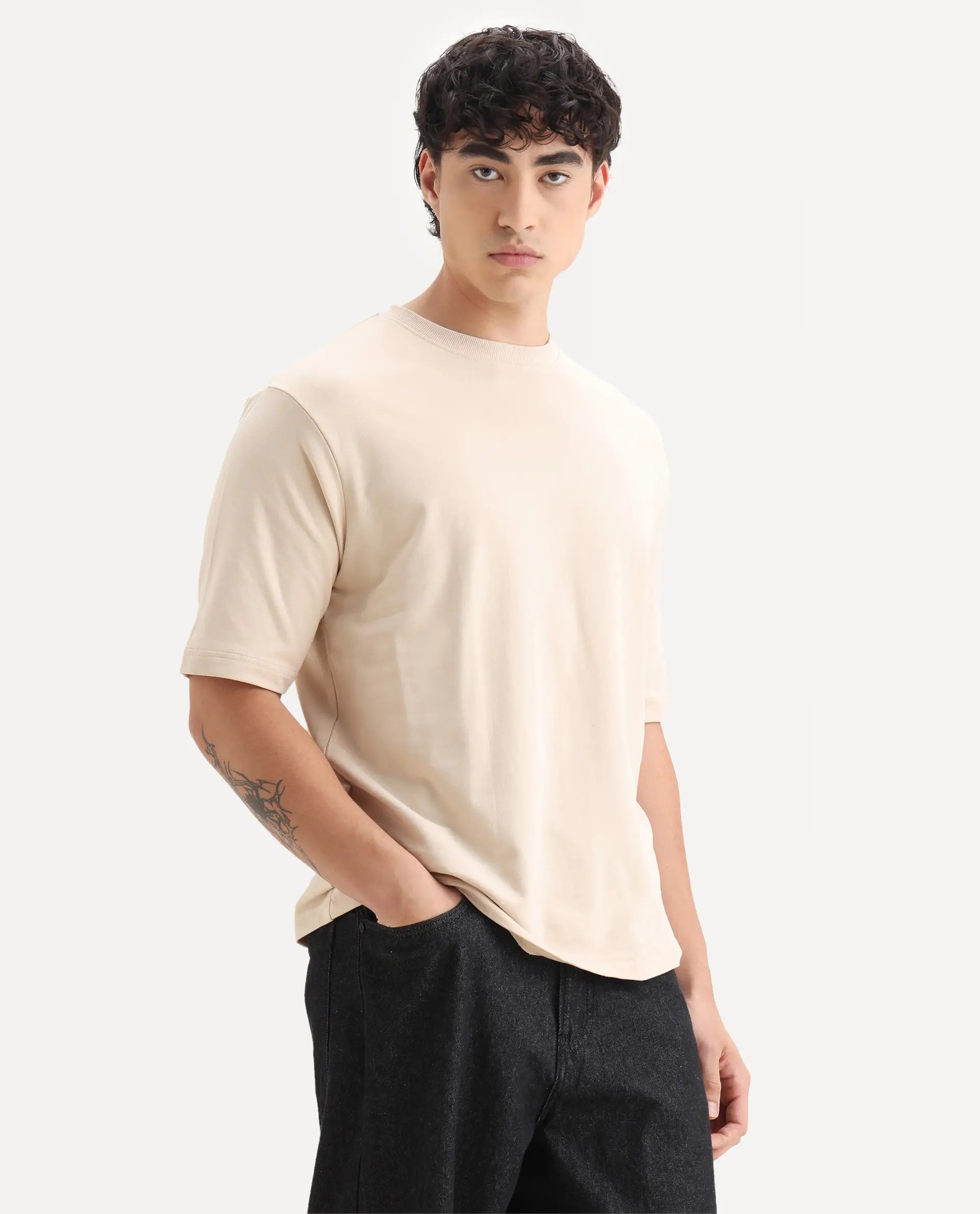 Rare Rabbit Men's Trez Beige Cotton Embroidered Oversized Fit Half Sleeve Crew Neck T-Shirt