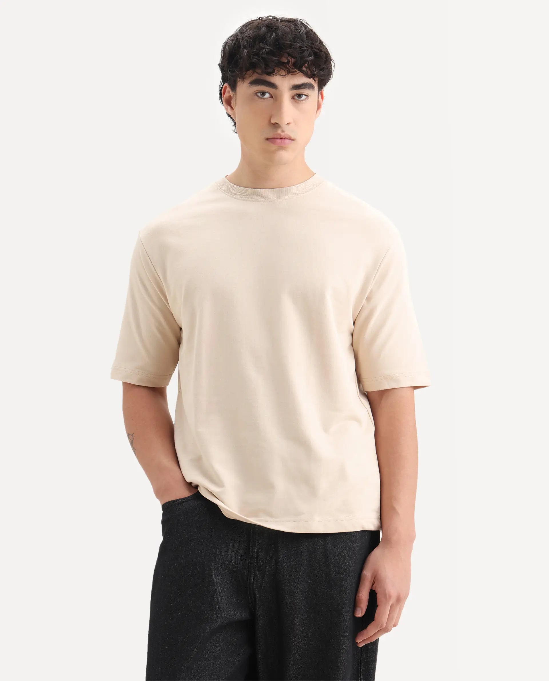Rare Rabbit Men's Trez Beige Cotton Embroidered Oversized Fit Half Sleeve Crew Neck T-Shirt