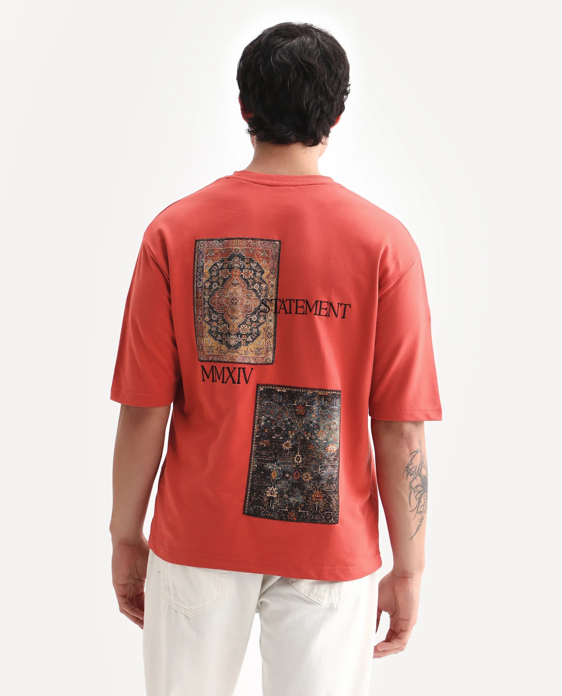 Rare Rabbit Men's Trez Dusky Red Cotton Embroidered Oversized Fit Half Sleeve Crew Neck T-Shirt