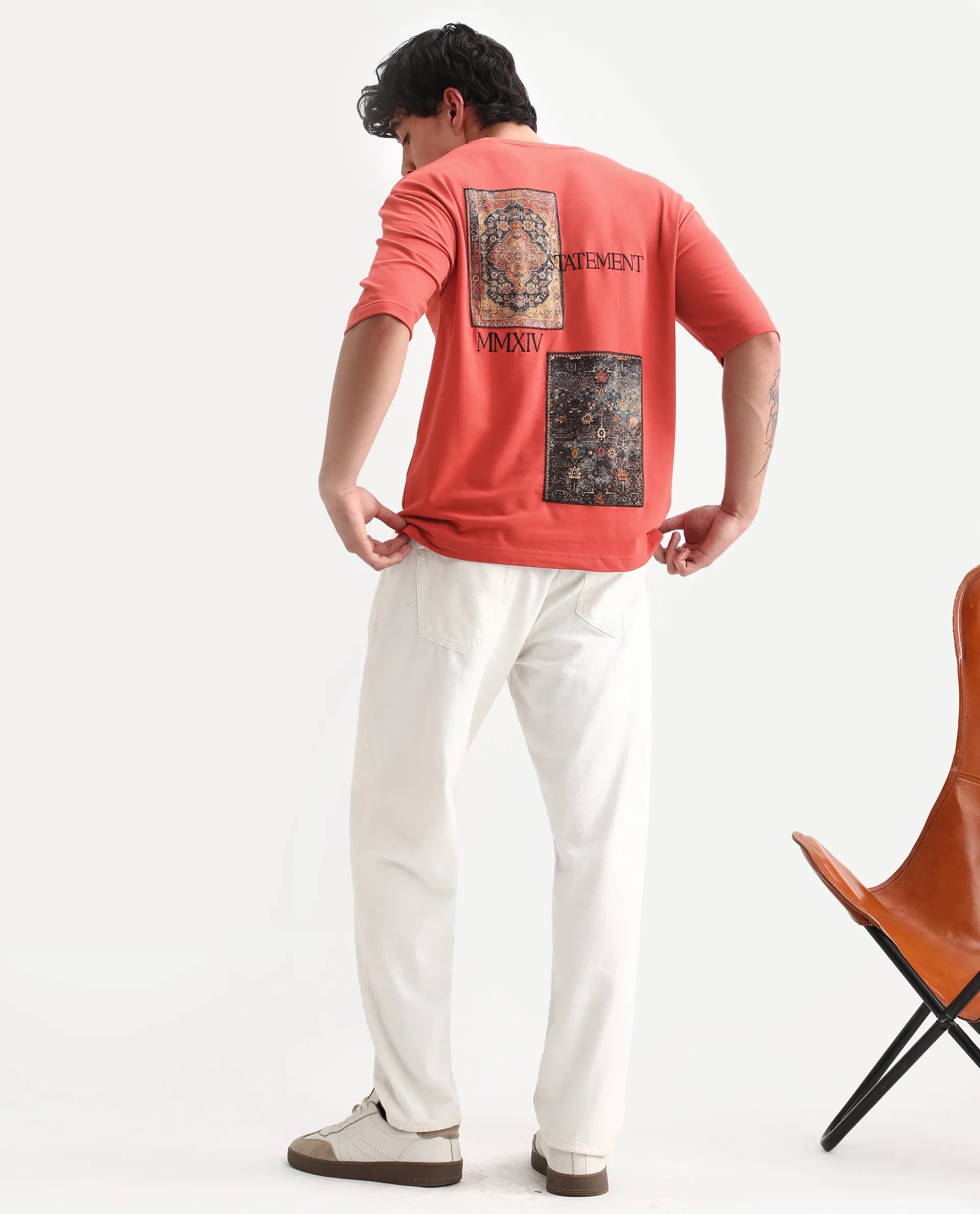 Rare Rabbit Men's Trez Dusky Red Cotton Embroidered Oversized Fit Half Sleeve Crew Neck T-Shirt