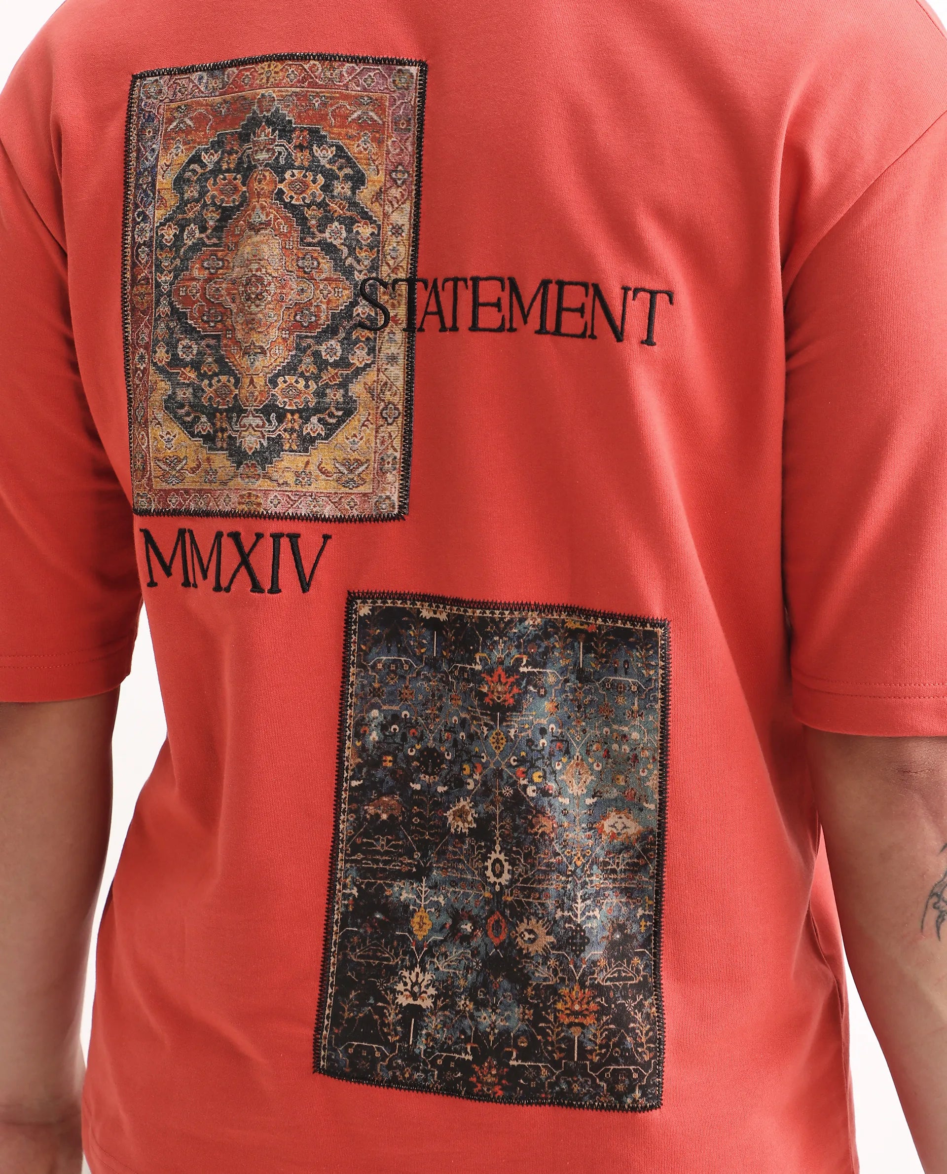 Rare Rabbit Men's Trez Dusky Red Cotton Embroidered Oversized Fit Half Sleeve Crew Neck T-Shirt